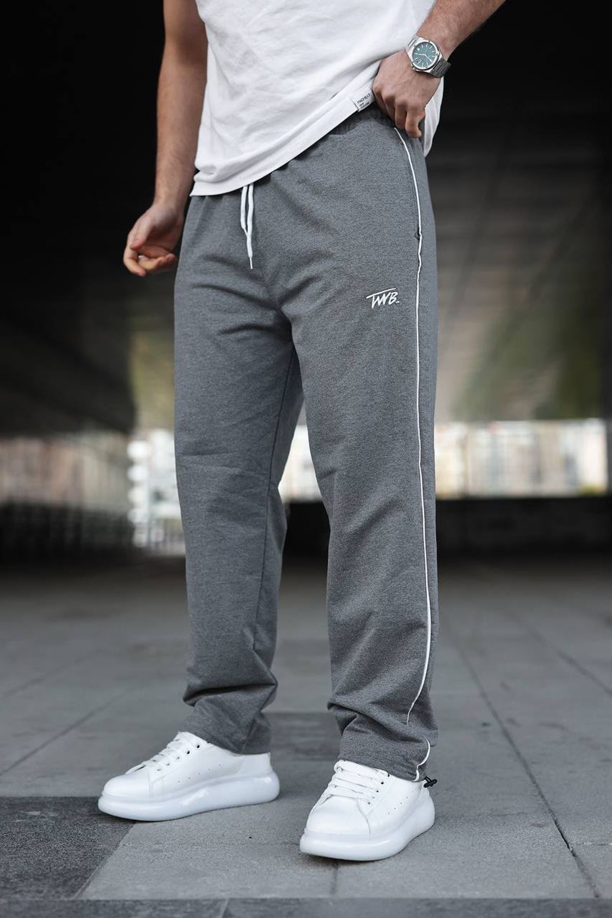 Erkek Yazı Baskılı Beli Lastikli Jogger Füme Eşofman Altı
