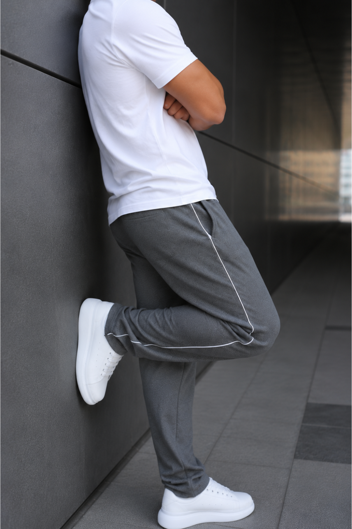 Erkek Yazı Baskılı Beli Lastikli Jogger Füme Eşofman Altı
