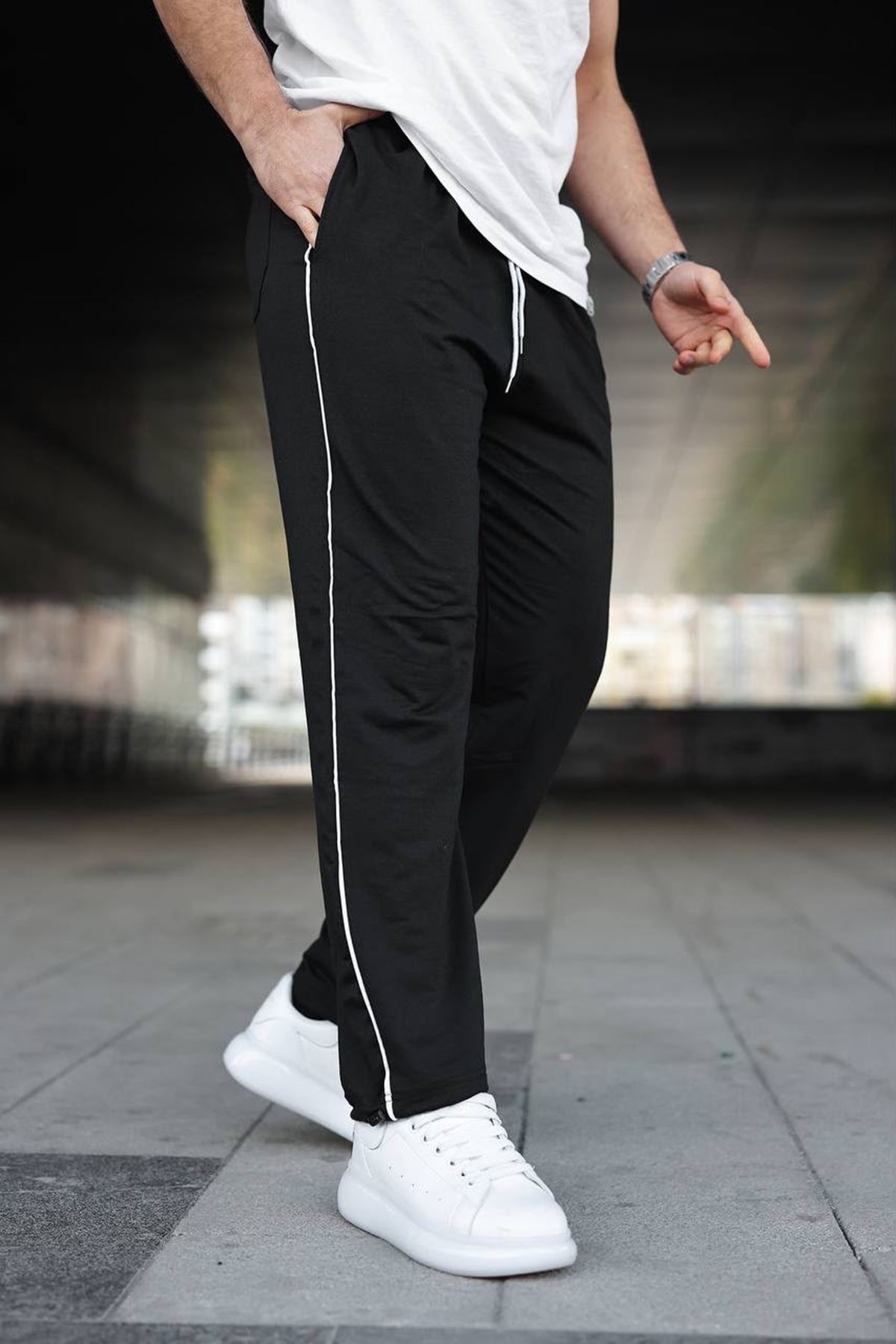 Erkek Yazı Baskılı Beli Lastikli Jogger Siyah Eşofman Altı