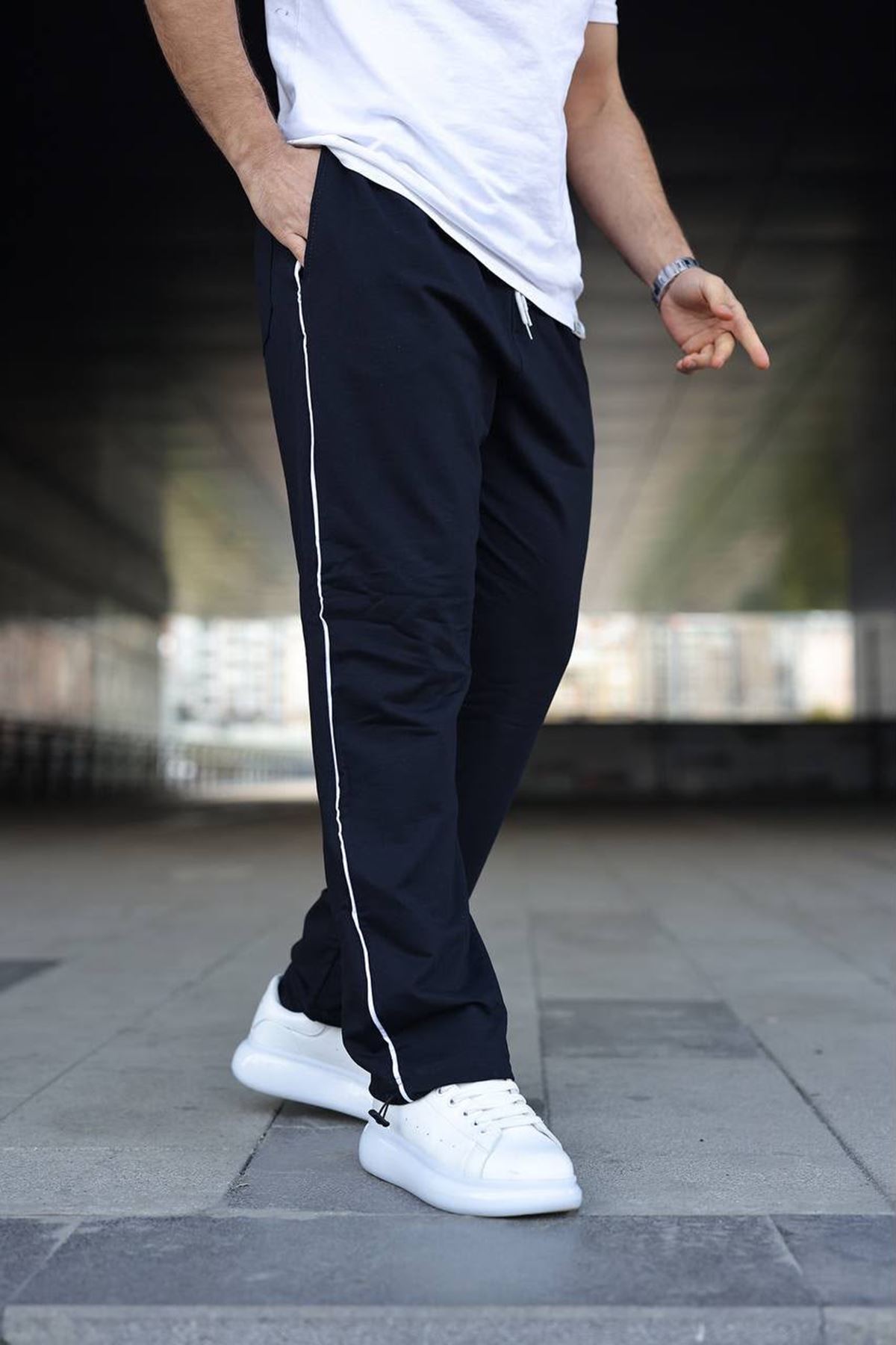 Erkek Yazı Baskılı Beli Lastikli Jogger Lacivert Eşofman Altı