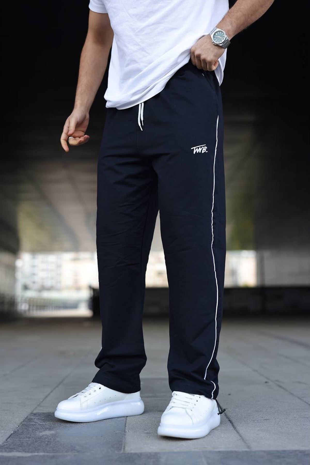 Erkek Yazı Baskılı Beli Lastikli Jogger Lacivert Eşofman Altı