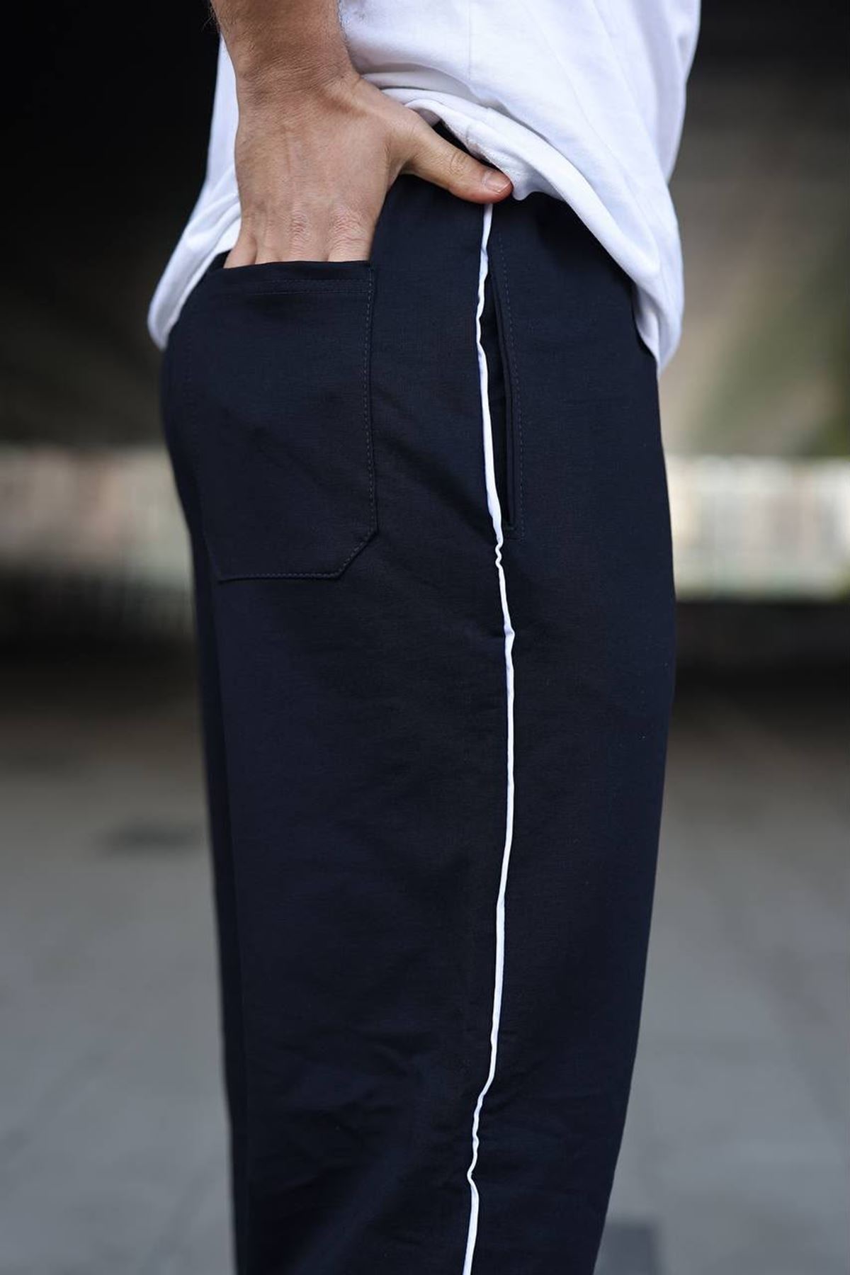 Erkek Yazı Baskılı Beli Lastikli Jogger Lacivert Eşofman Altı