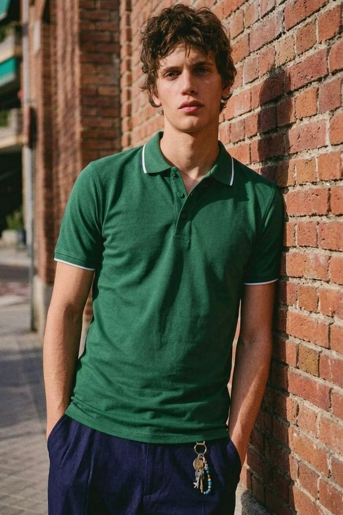 Erkek Düğmeli Fashion Yeşil Polo Yaka Tişört