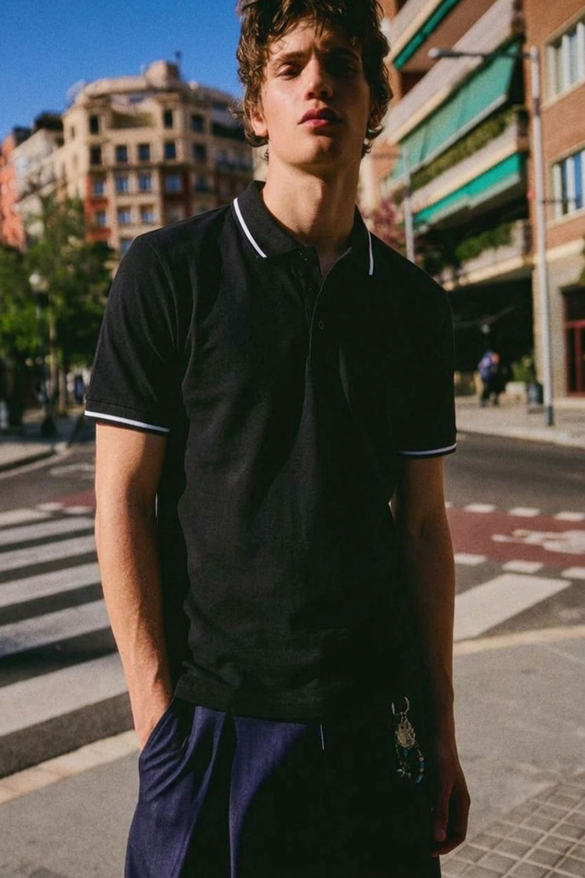 Erkek Düğmeli Fashion Siyah Polo Yaka Tişört