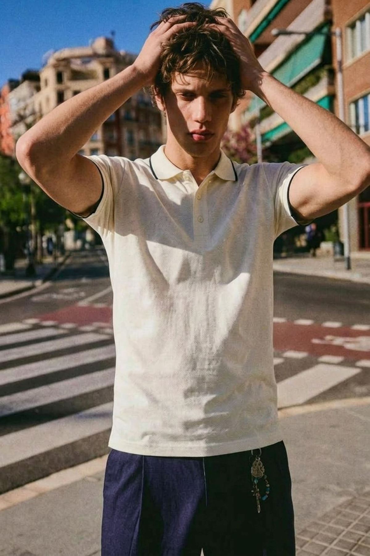 Erkek Düğmeli Fashion Beyaz Polo Yaka Tişört