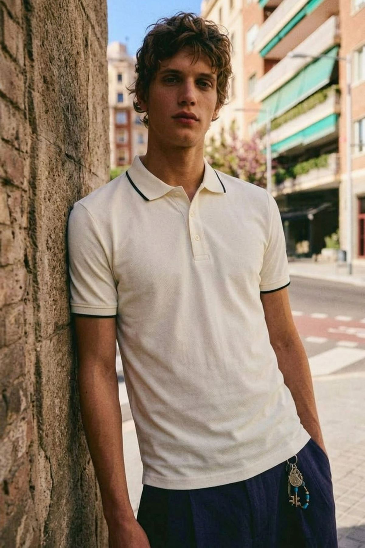 Erkek Düğmeli Fashion Beyaz Polo Yaka Tişört