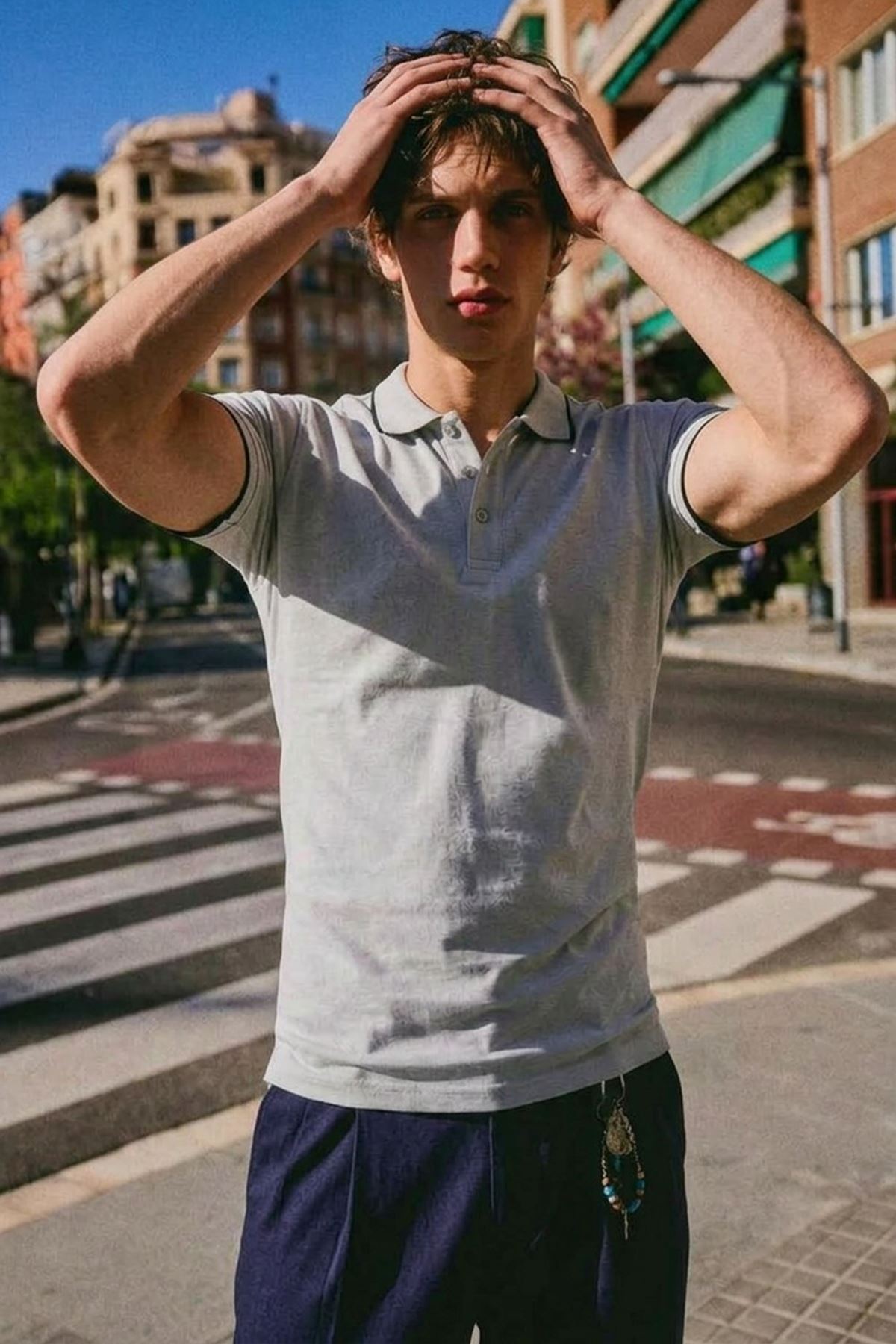 Erkek Düğmeli Fashion Gri Polo Yaka Tişört