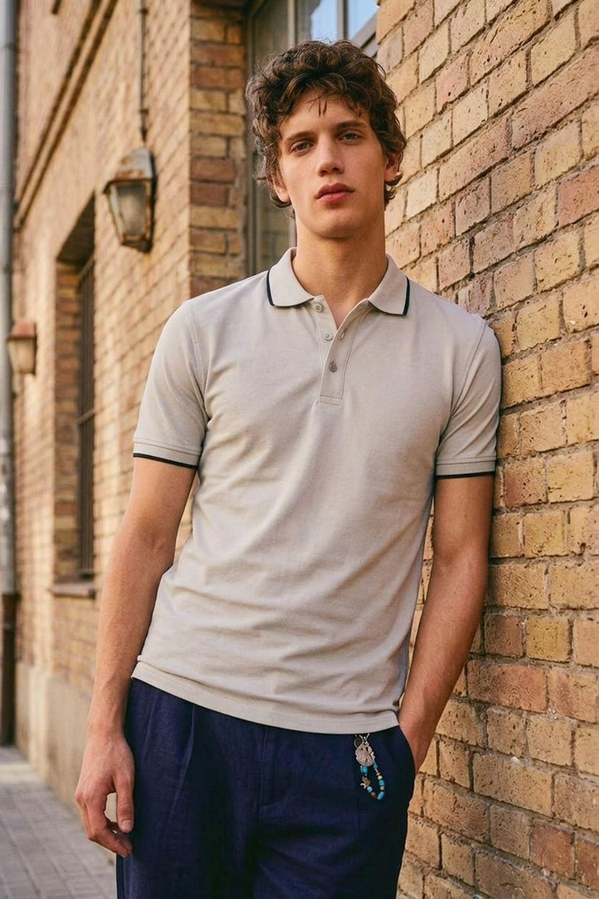 Erkek Düğmeli Fashion Gri Polo Yaka Tişört