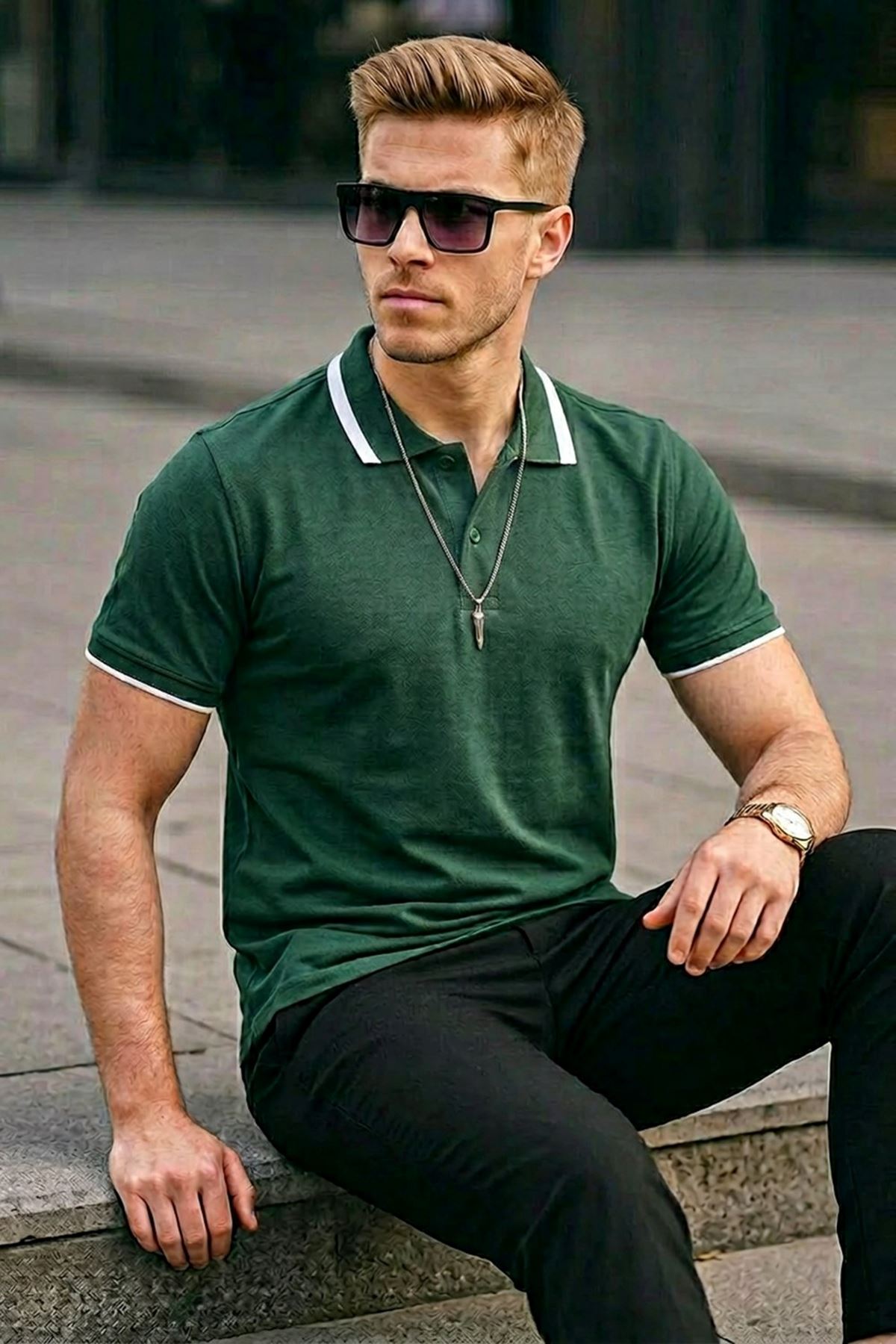 Erkek Düğmeli Pamuklu Haki Polo Yaka Tişört