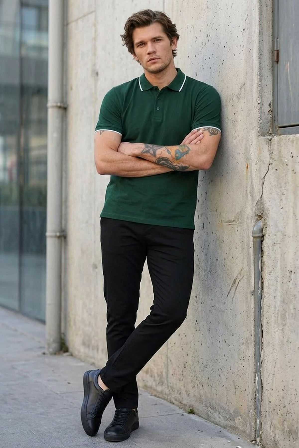 Erkek Günlük Kısa Kollu Dar Haki Polo Yaka Tişört