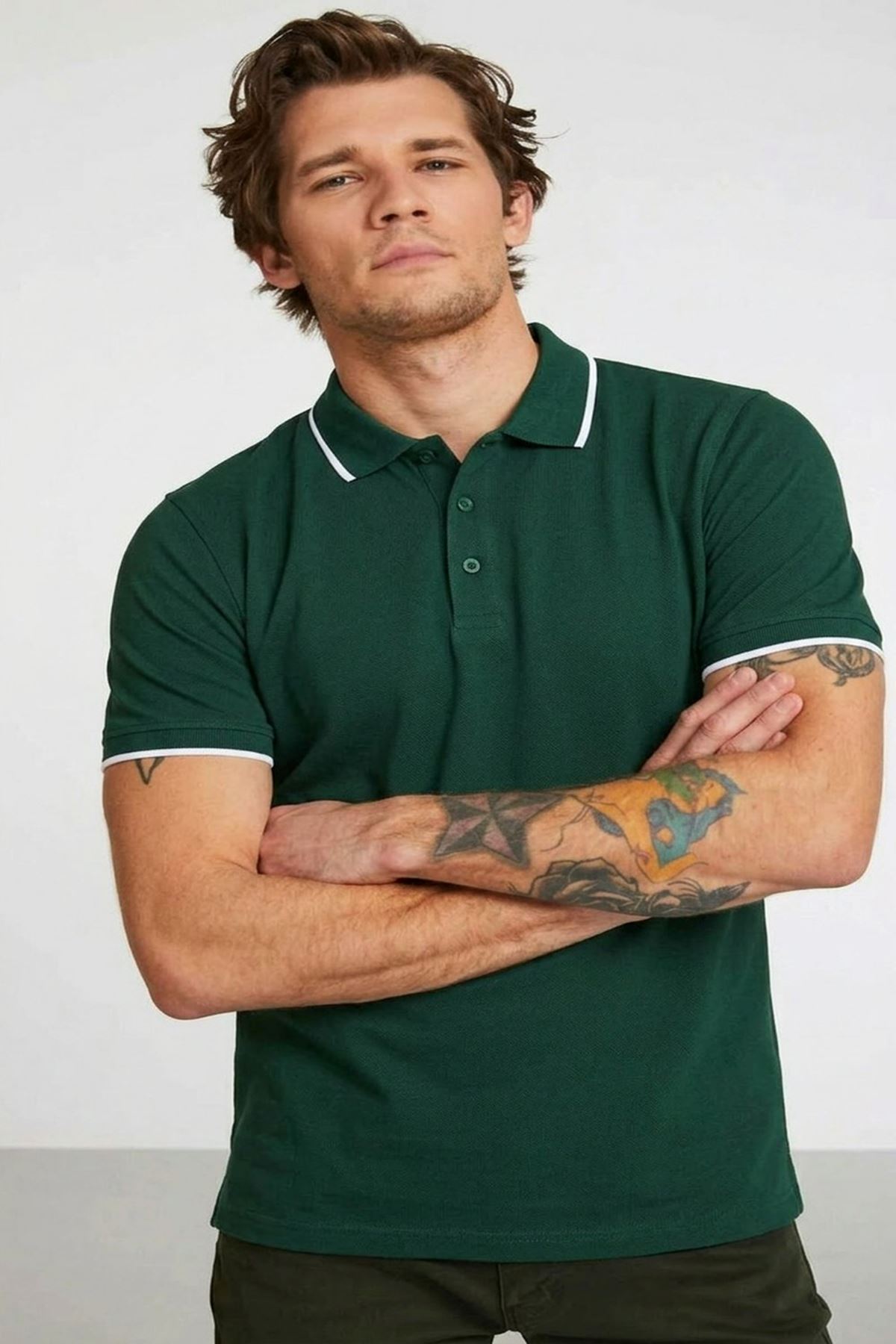 Erkek Günlük Kısa Kollu Dar Haki Polo Yaka Tişört