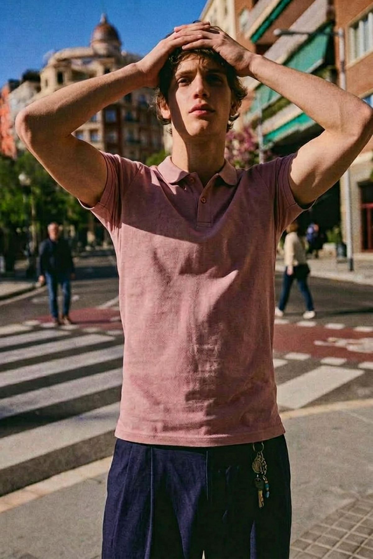 Erkek Basic Sokak Stili Pembe Polo Yaka Tişört