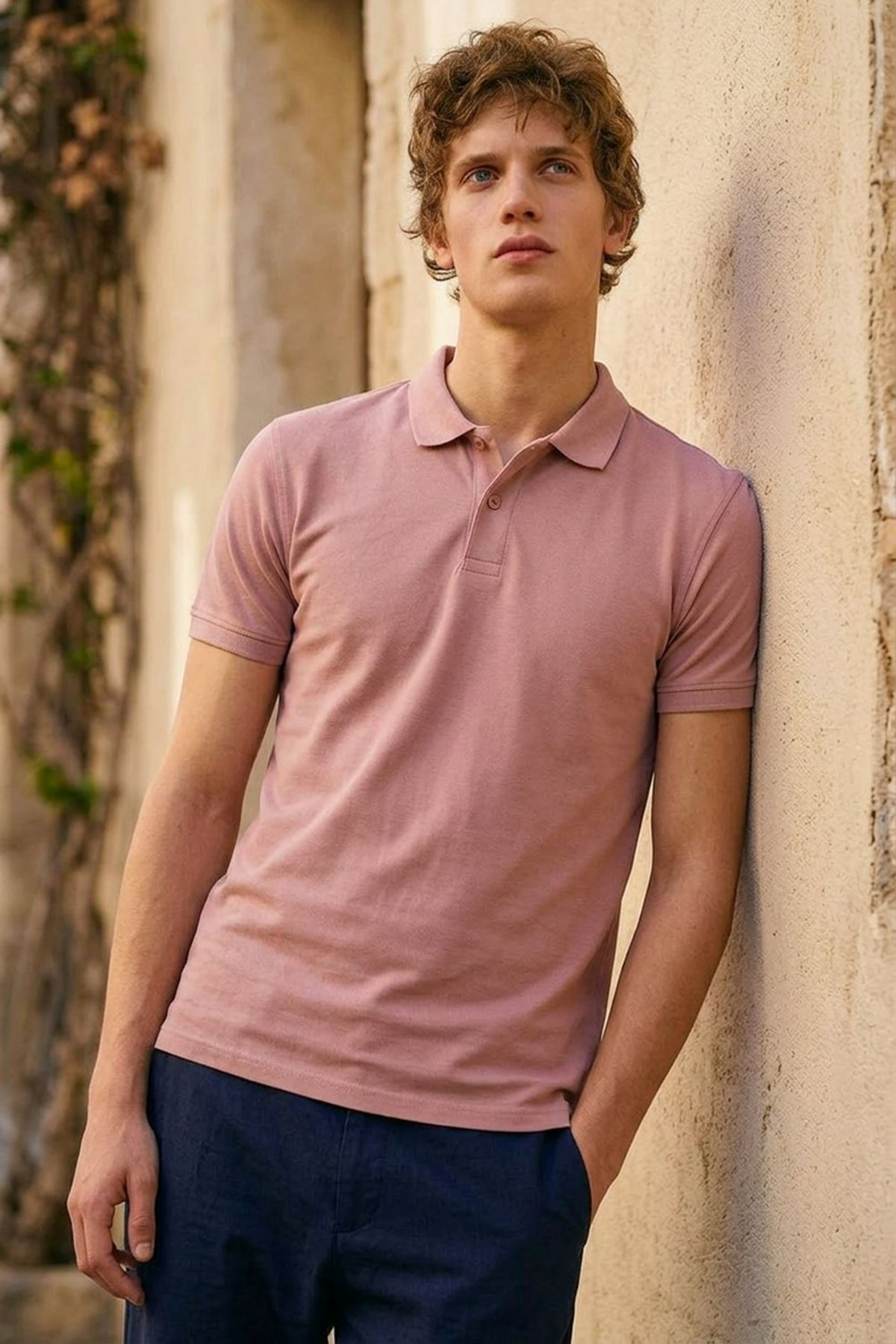 Erkek Basic Sokak Stili Pembe Polo Yaka Tişört