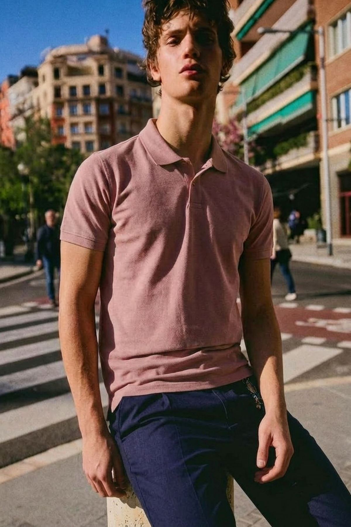 Erkek Basic Sokak Stili Pembe Polo Yaka Tişört