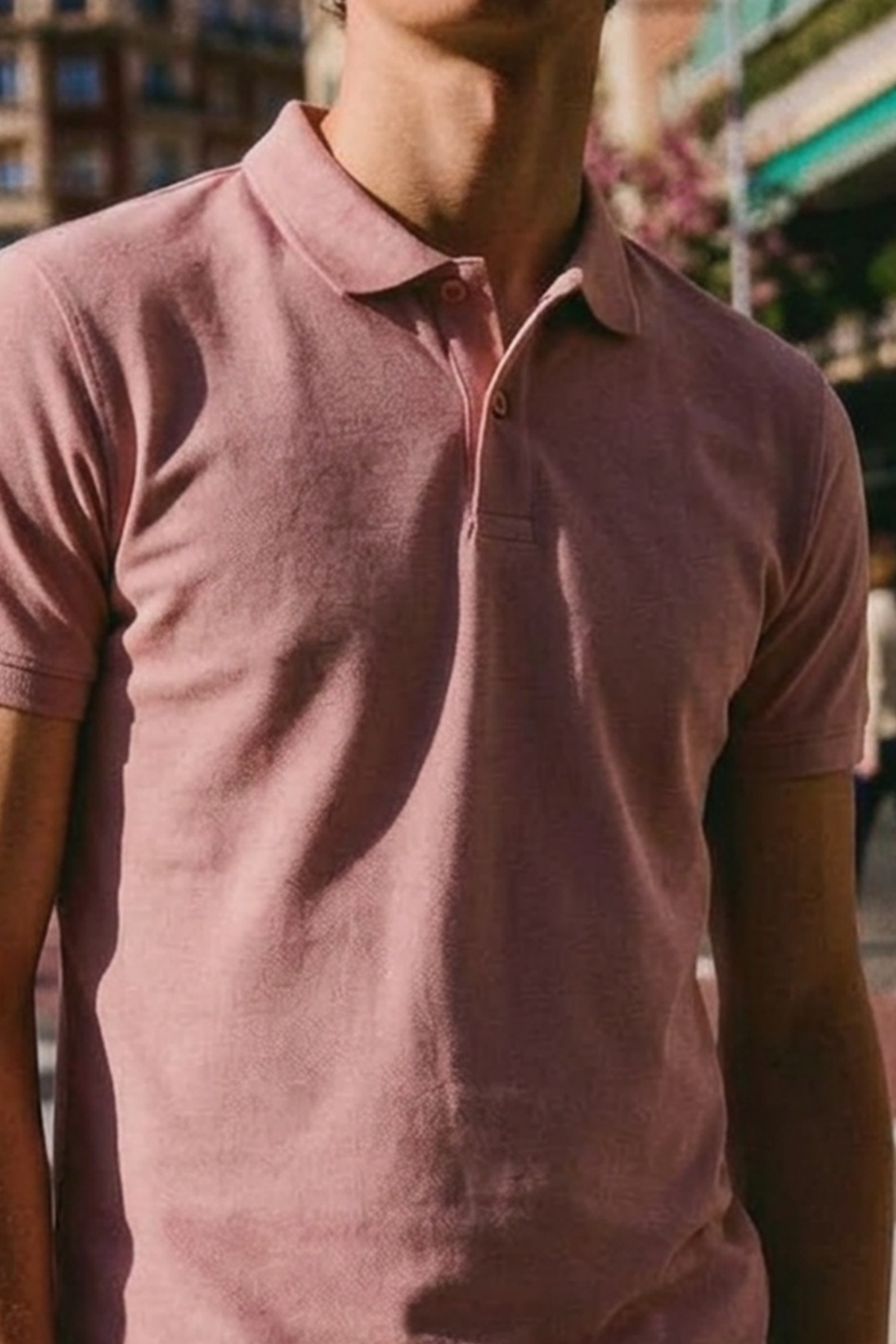 Erkek Basic Sokak Stili Pembe Polo Yaka Tişört