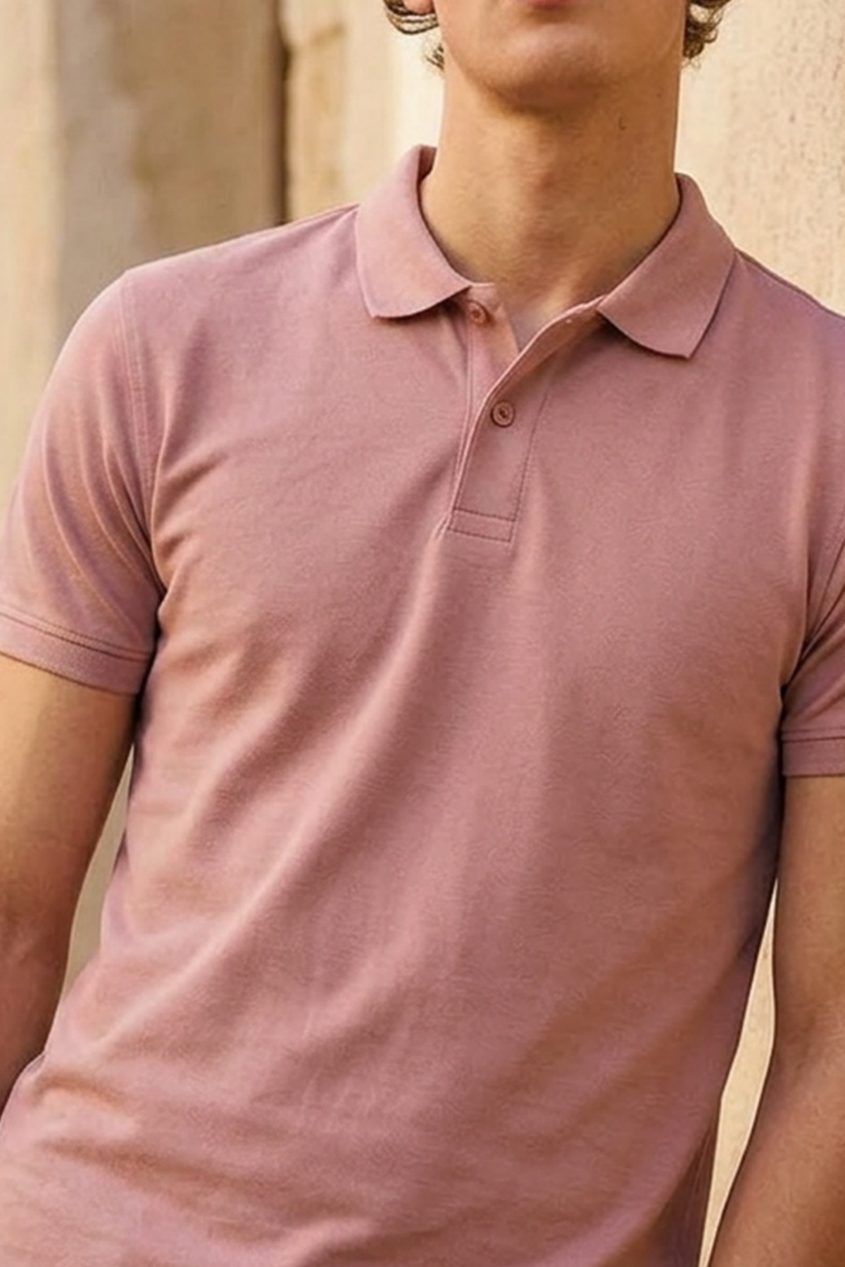 Erkek Basic Sokak Stili Pembe Polo Yaka Tişört