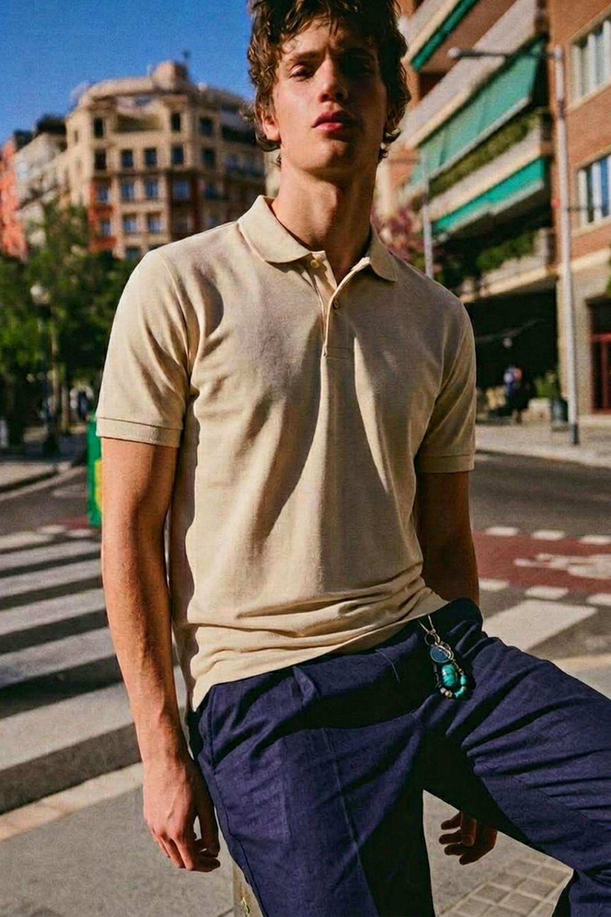 Erkek Basic Sokak Stili Krem Polo Yaka Tişört