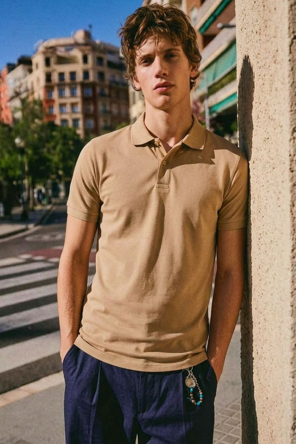 Erkek Basic Sokak Stili Krem Polo Yaka Tişört