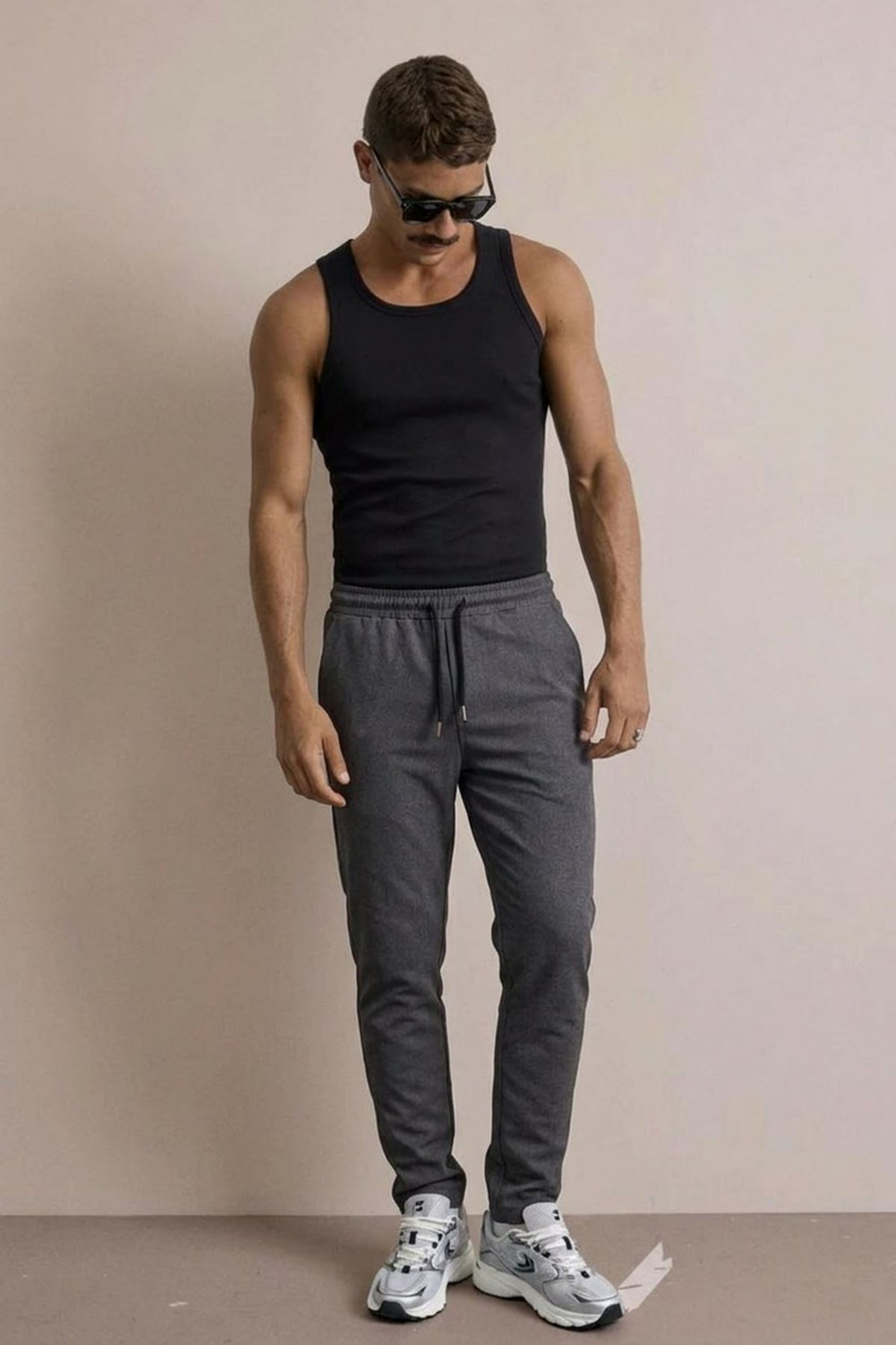 Erkek Basic Trend Bel Lastikli Füme Bol Pantolon
