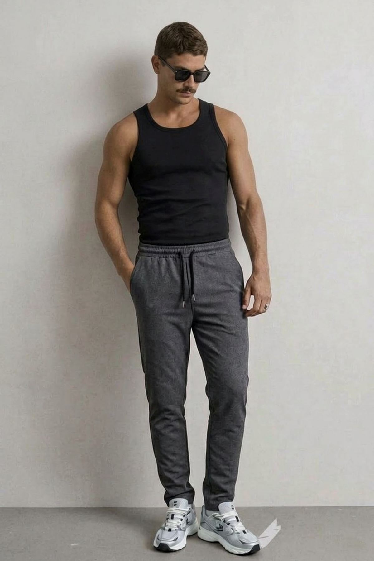 Erkek Basic Trend Bel Lastikli Füme Bol Pantolon