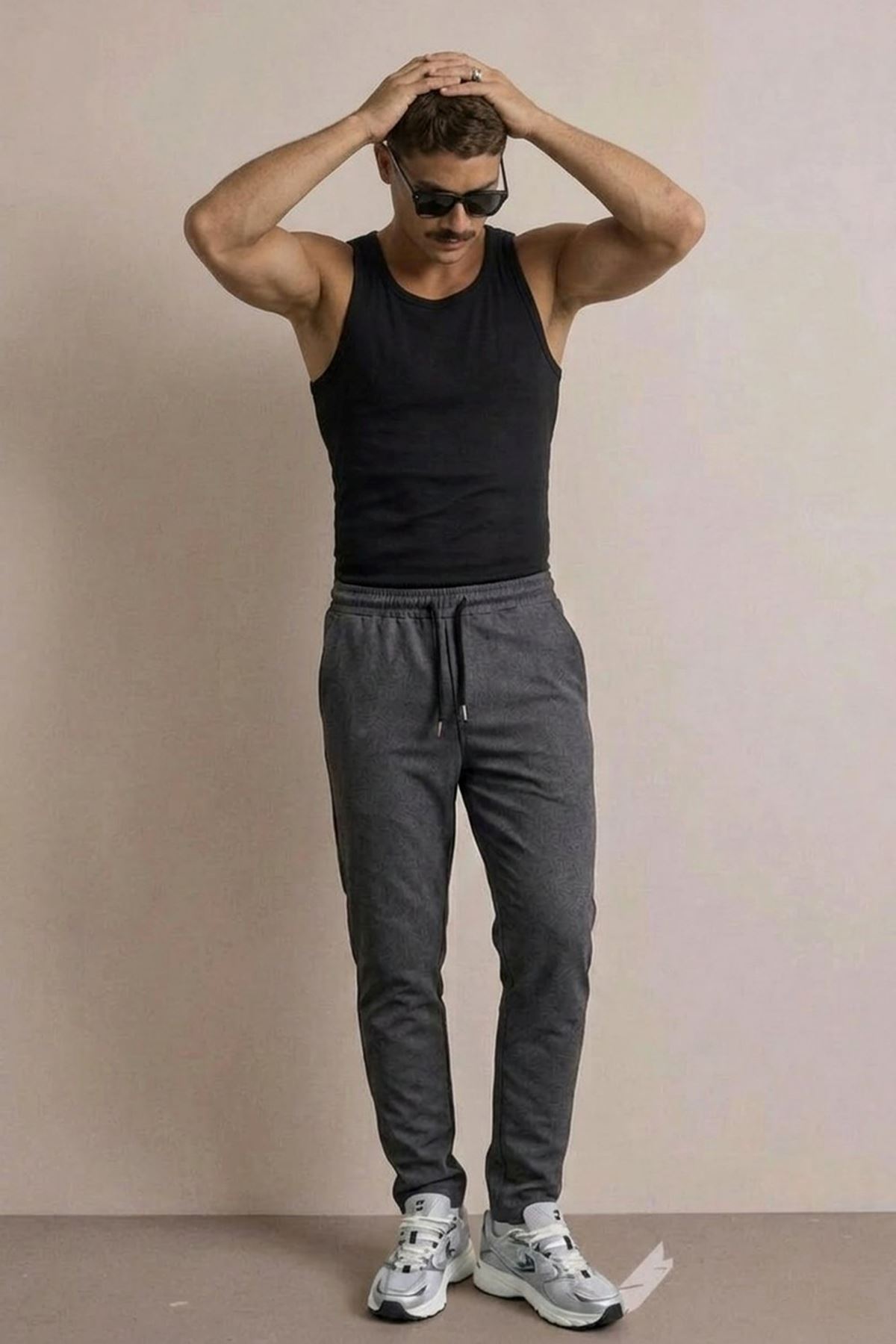 Erkek Basic Trend Bel Lastikli Füme Bol Pantolon