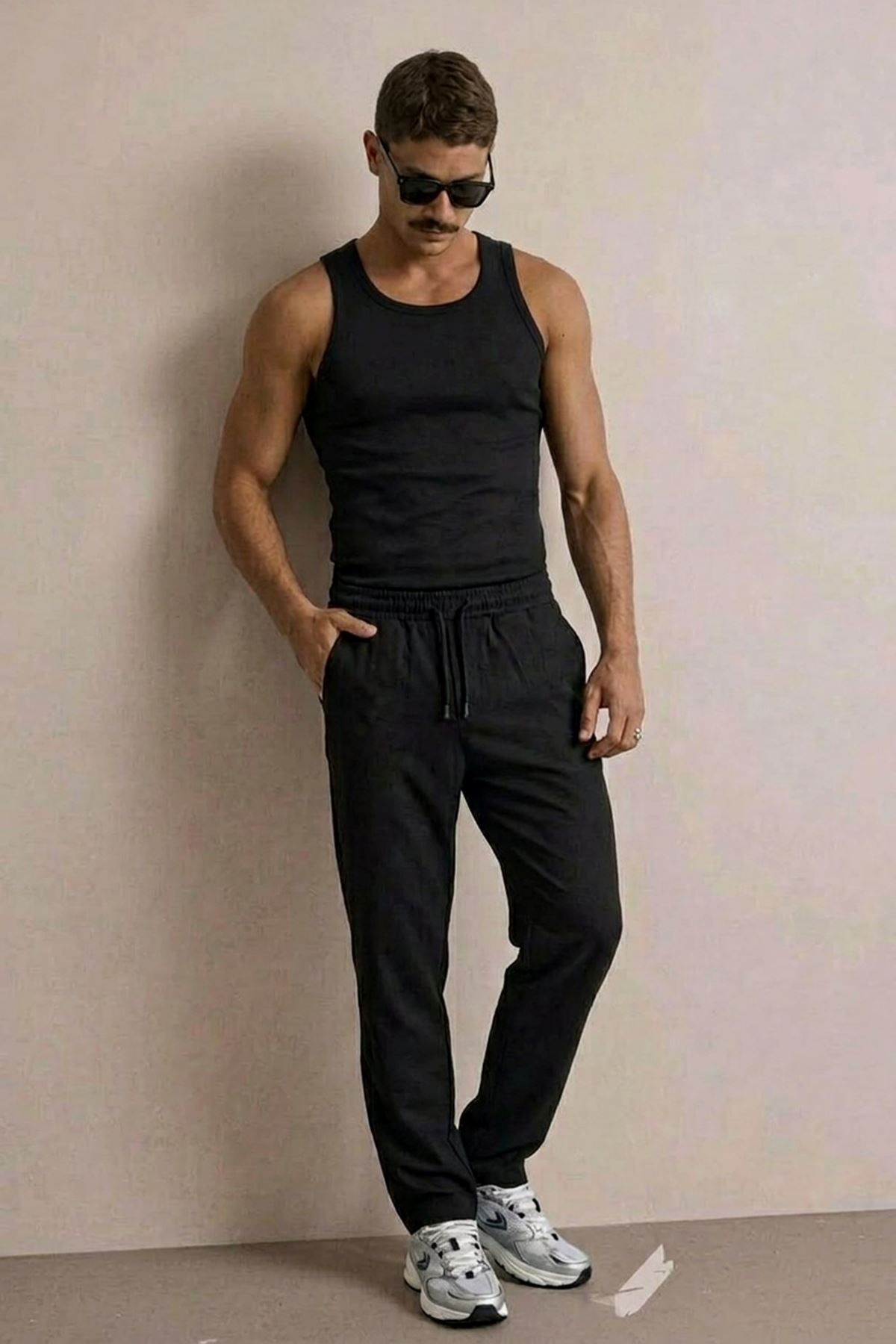 Erkek Basic Trend Bel Lastikli Siyah Bol Pantolon