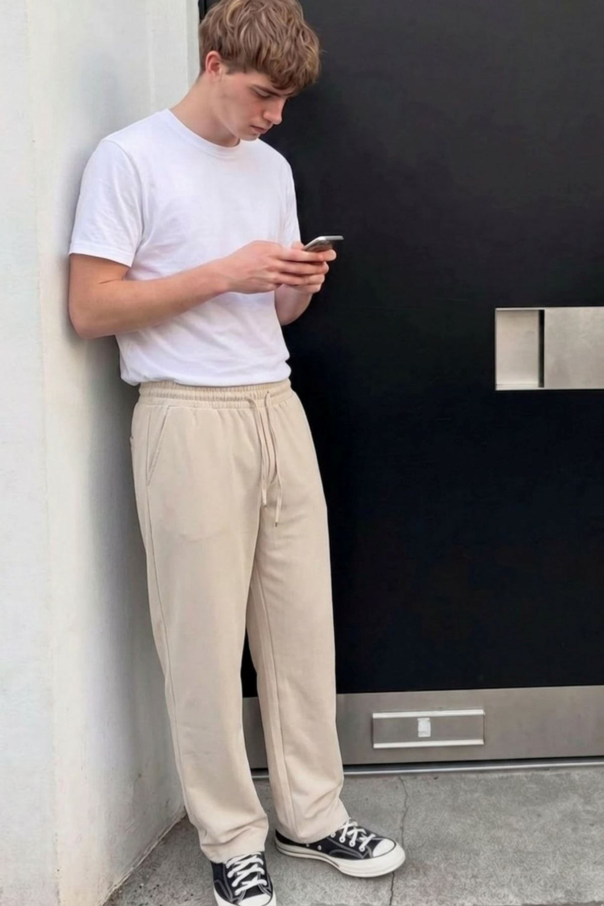 Erkek Comfort Fit Bol Paça Krem Baggy Pantolon
