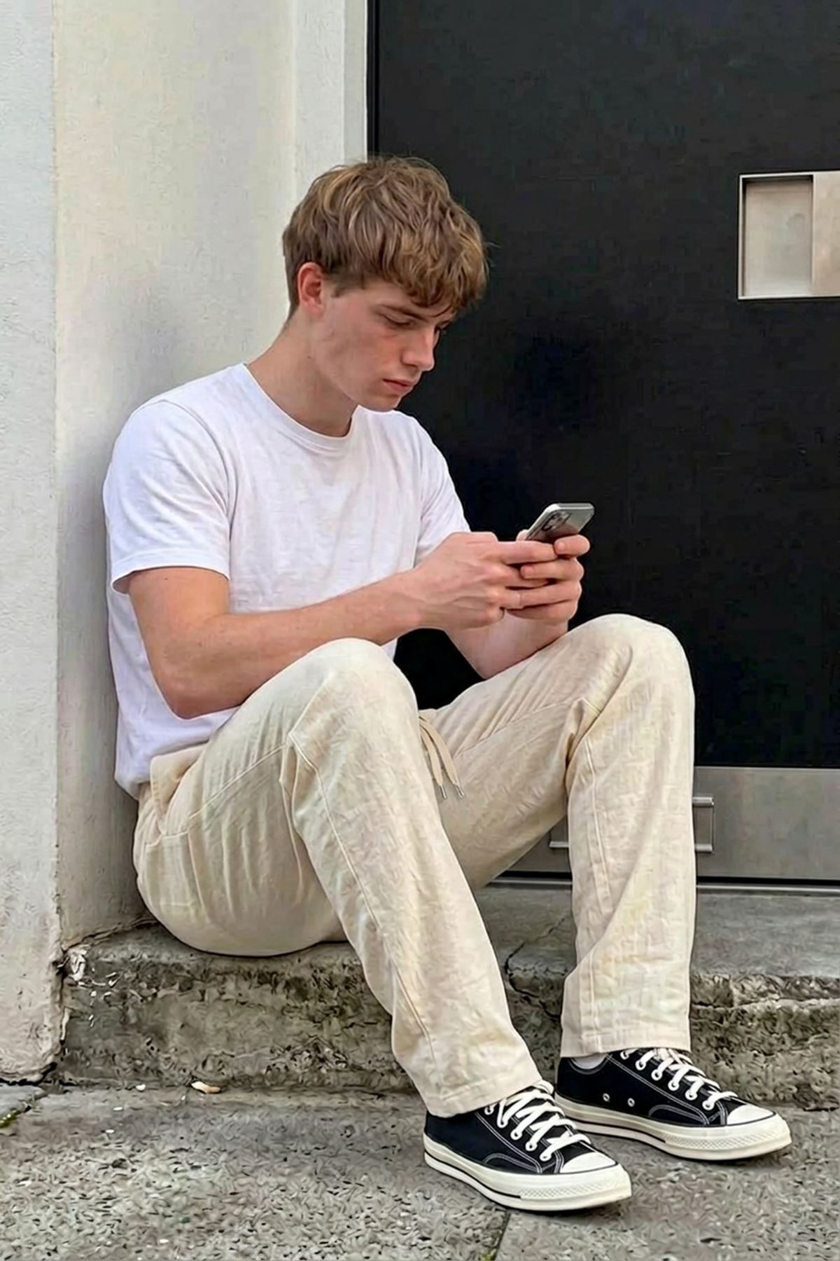 Erkek Comfort Fit Bol Paça Krem Baggy Pantolon