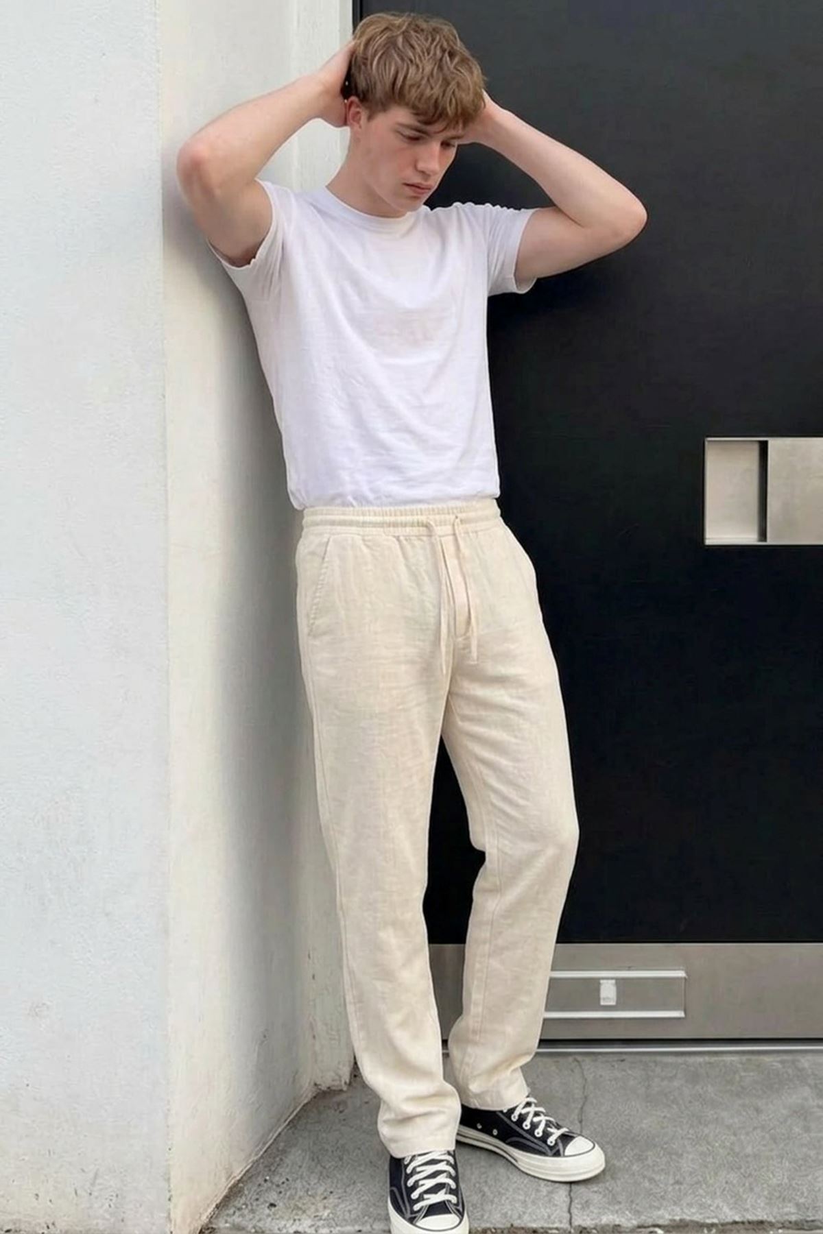 Erkek Comfort Fit Bol Paça Krem Baggy Pantolon