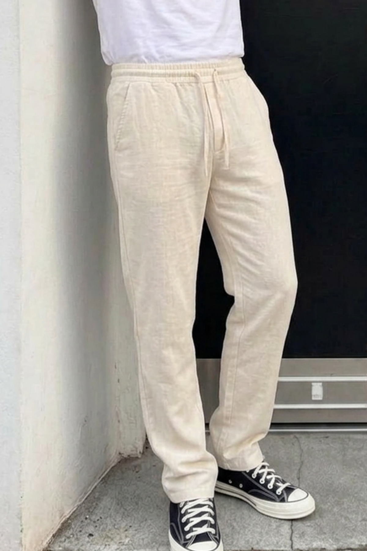 Erkek Comfort Fit Bol Paça Krem Baggy Pantolon