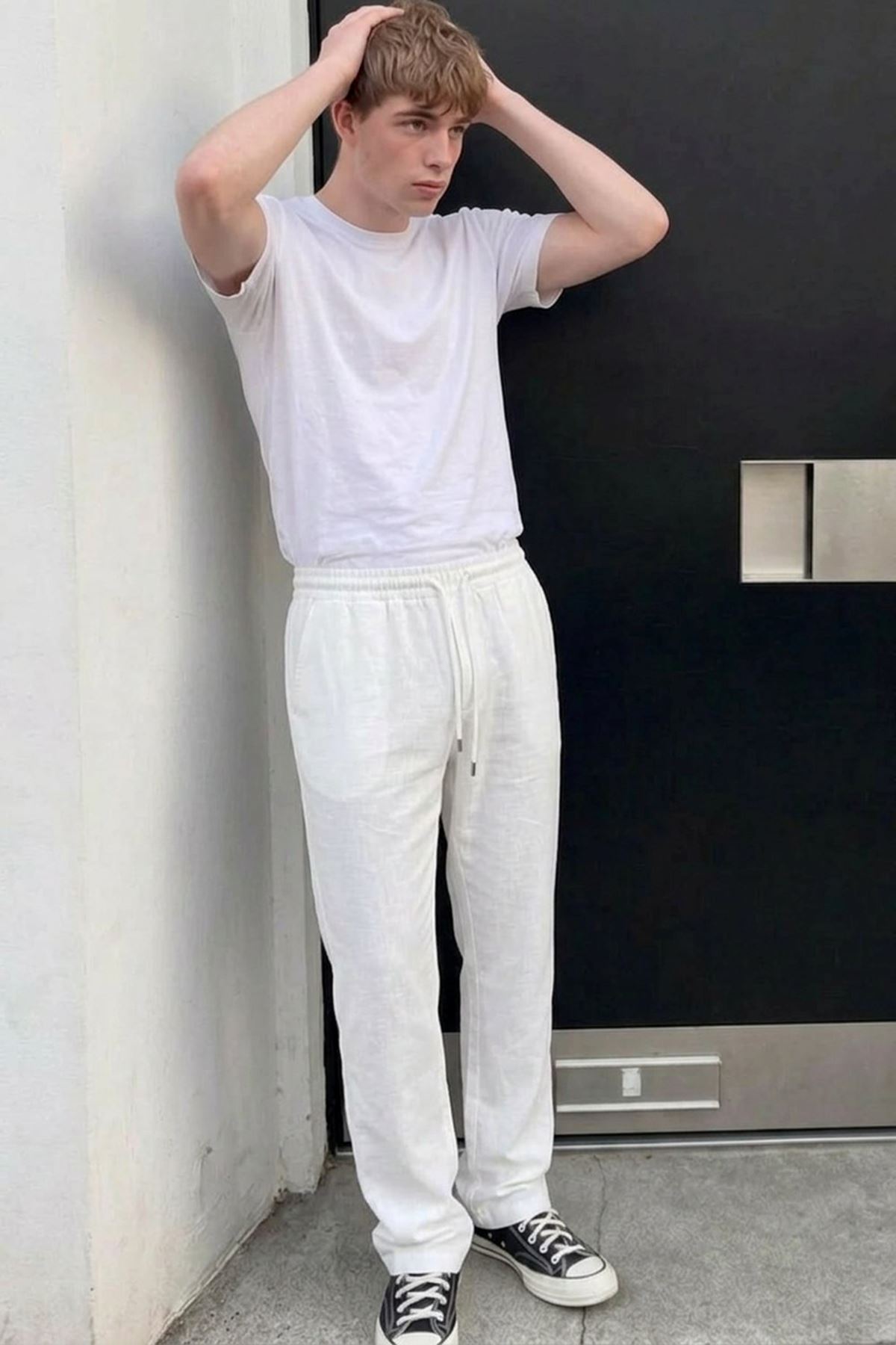 Erkek Comfort Fit Bol Paça Beyaz Baggy Pantolon