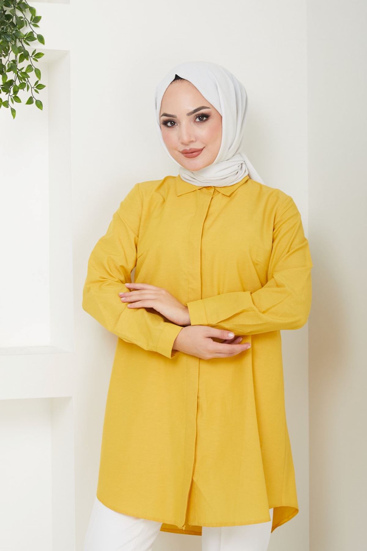 Kadın Uzun Basic Hardal Polo Yaka Tesettür Gömlek Elbise
