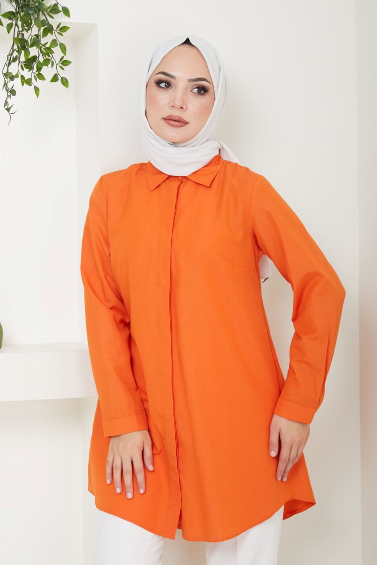 Kadın Uzun Basic Turuncu Polo Yaka Tesettür Gömlek Elbise