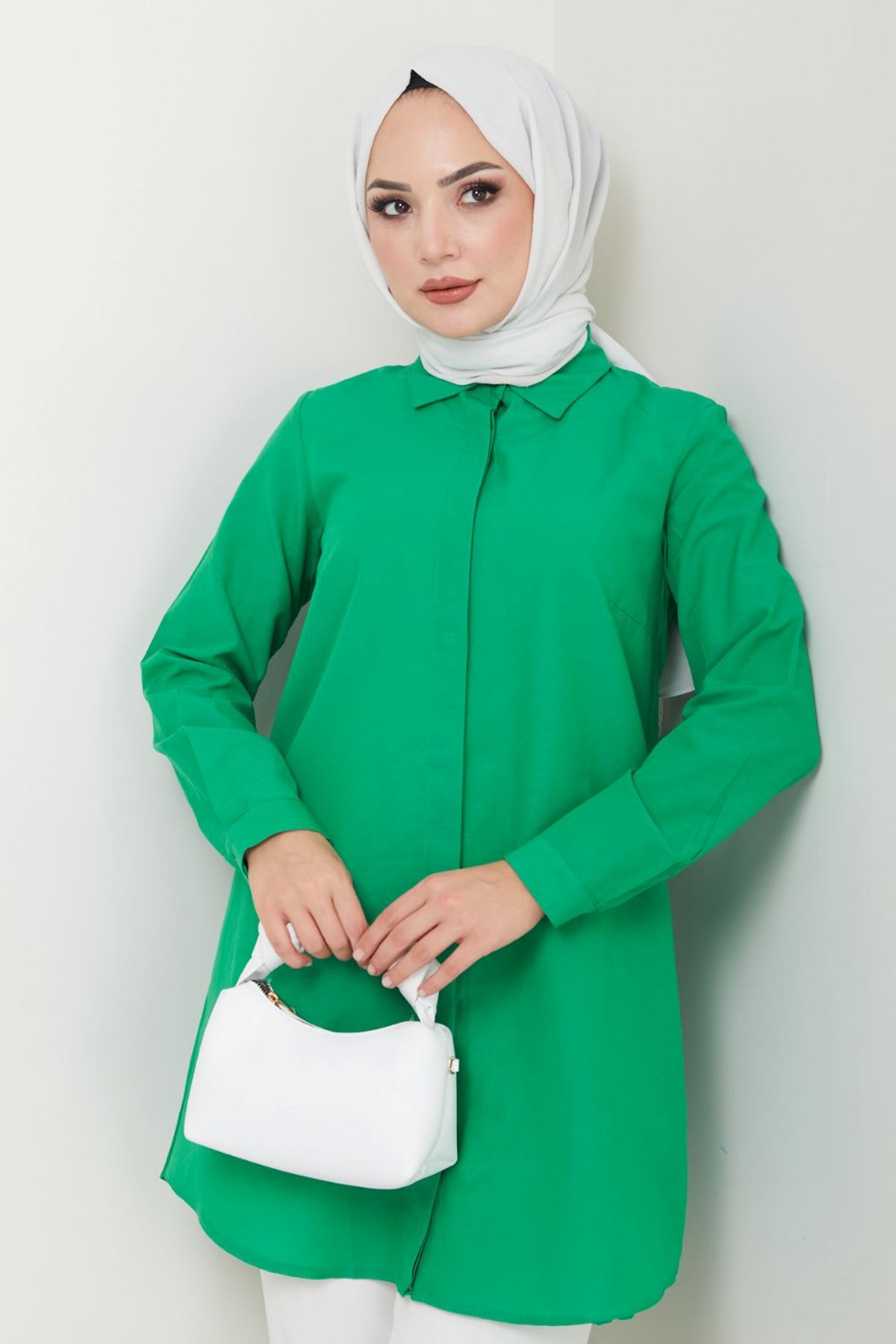 Kadın Uzun Basic Yeşil Polo Yaka Tesettür Gömlek Elbise