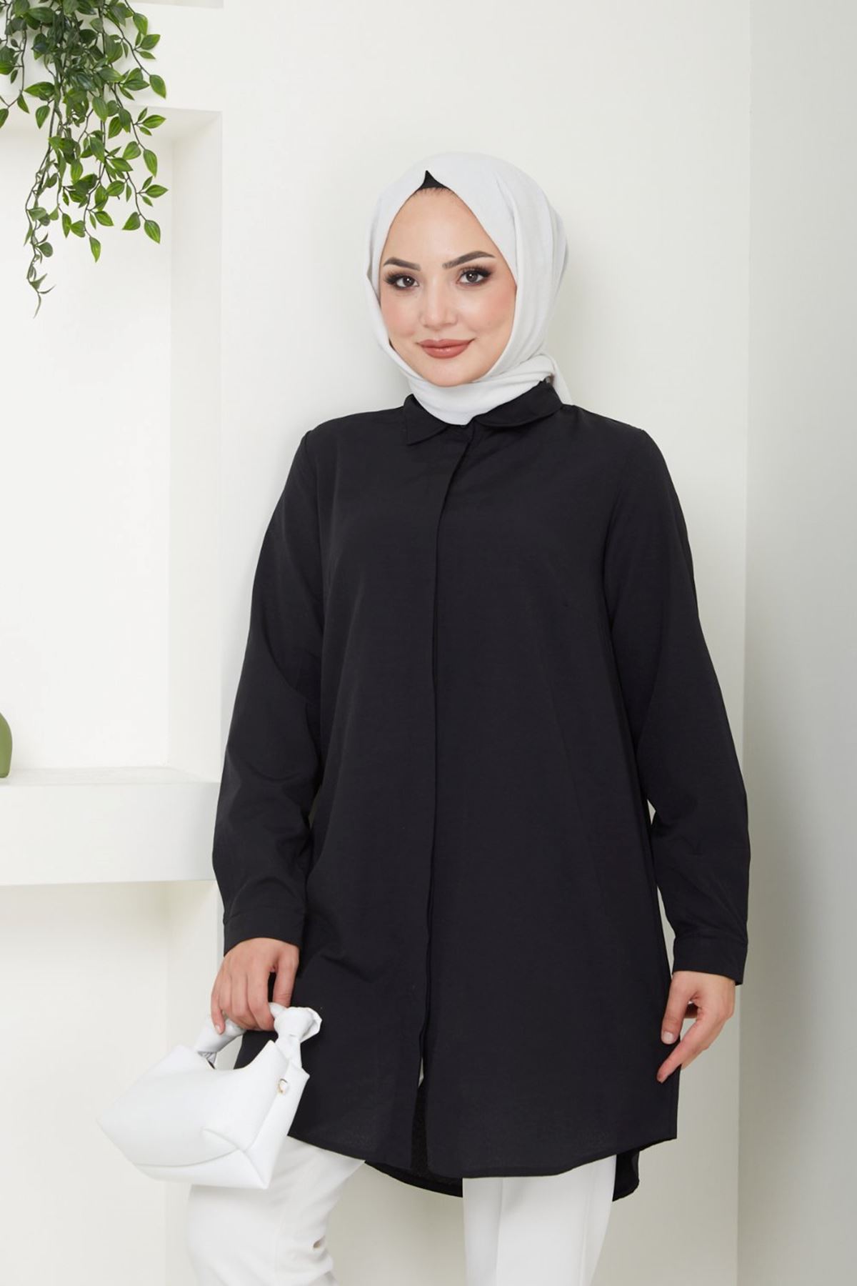 Kadın Uzun Basic Siyah Polo Yaka Tesettür Gömlek Elbise