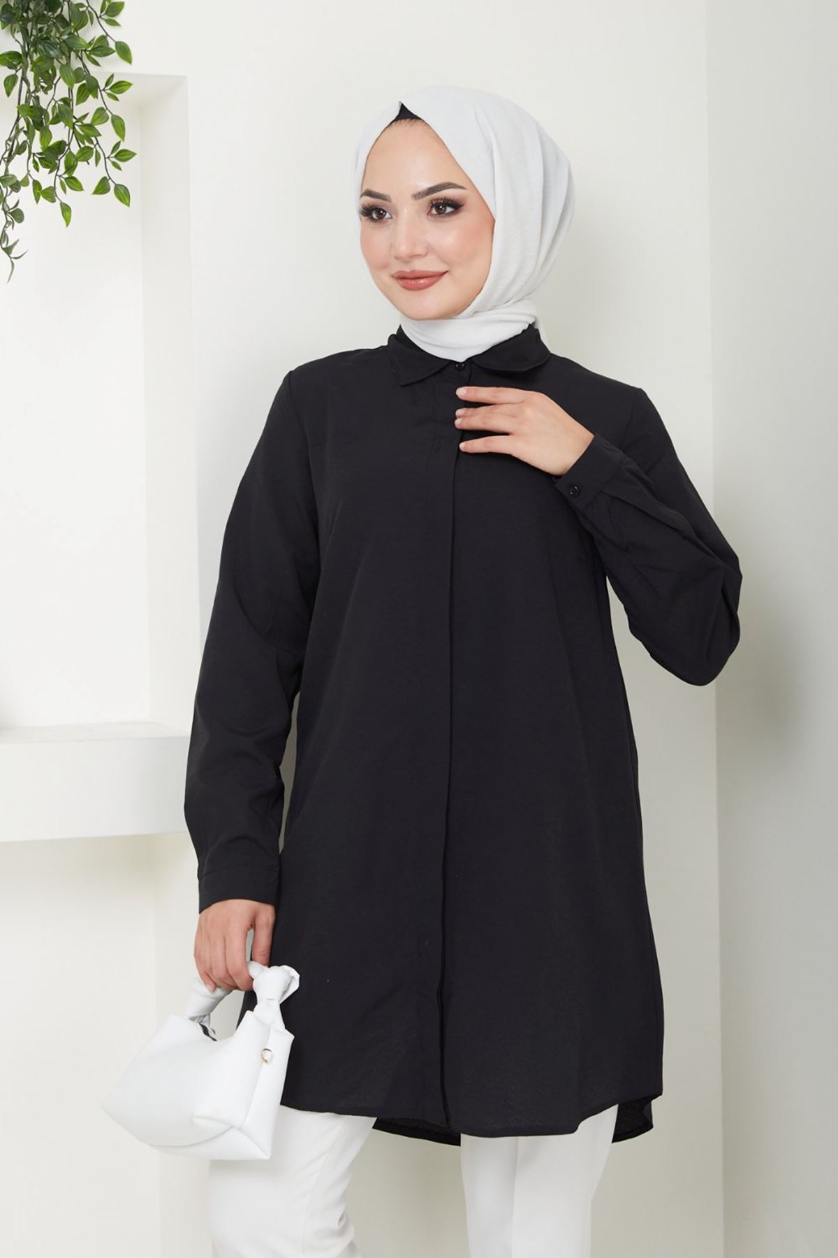 Kadın Uzun Basic Siyah Polo Yaka Tesettür Gömlek Elbise