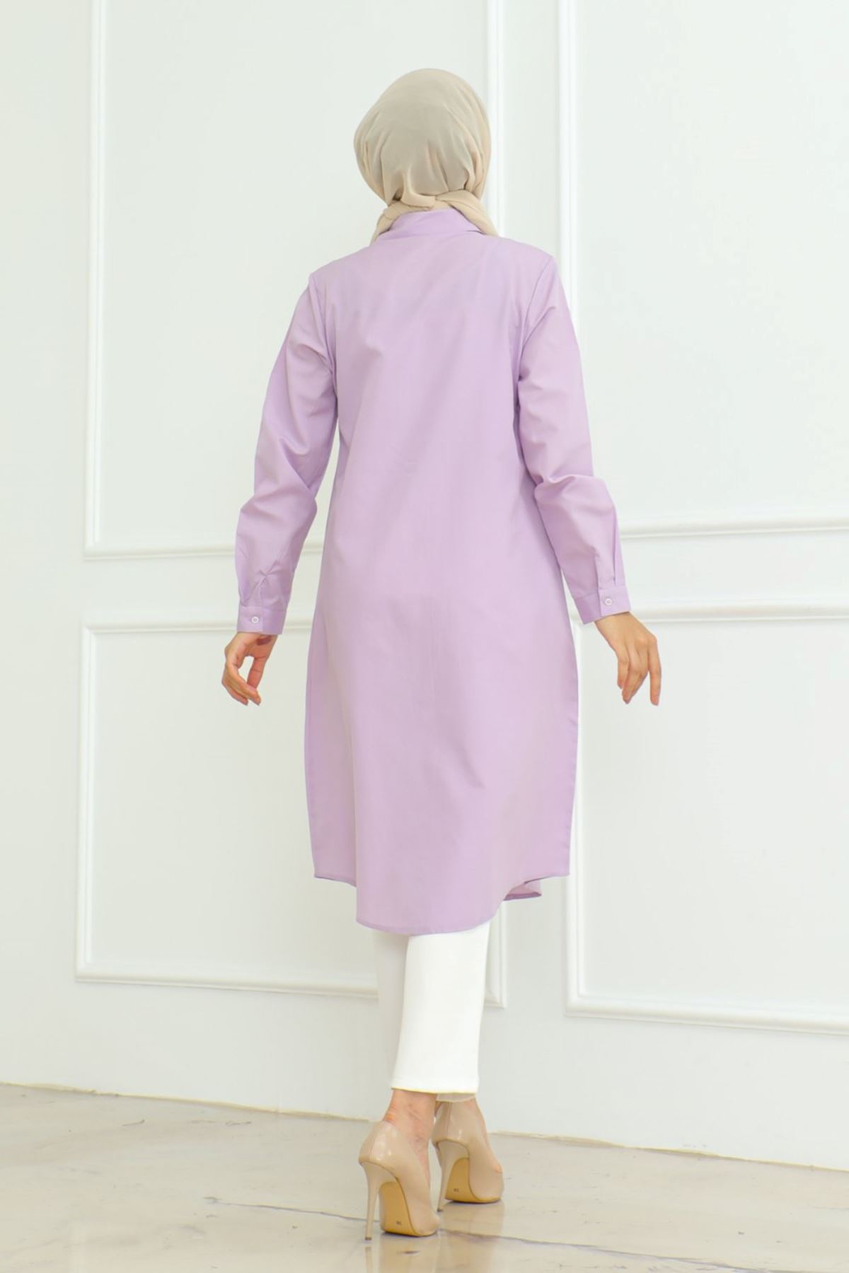 Kadın Premium Ekstra Uzun Günlük Lila Polo Yaka Tesettür Gömlek Elbise