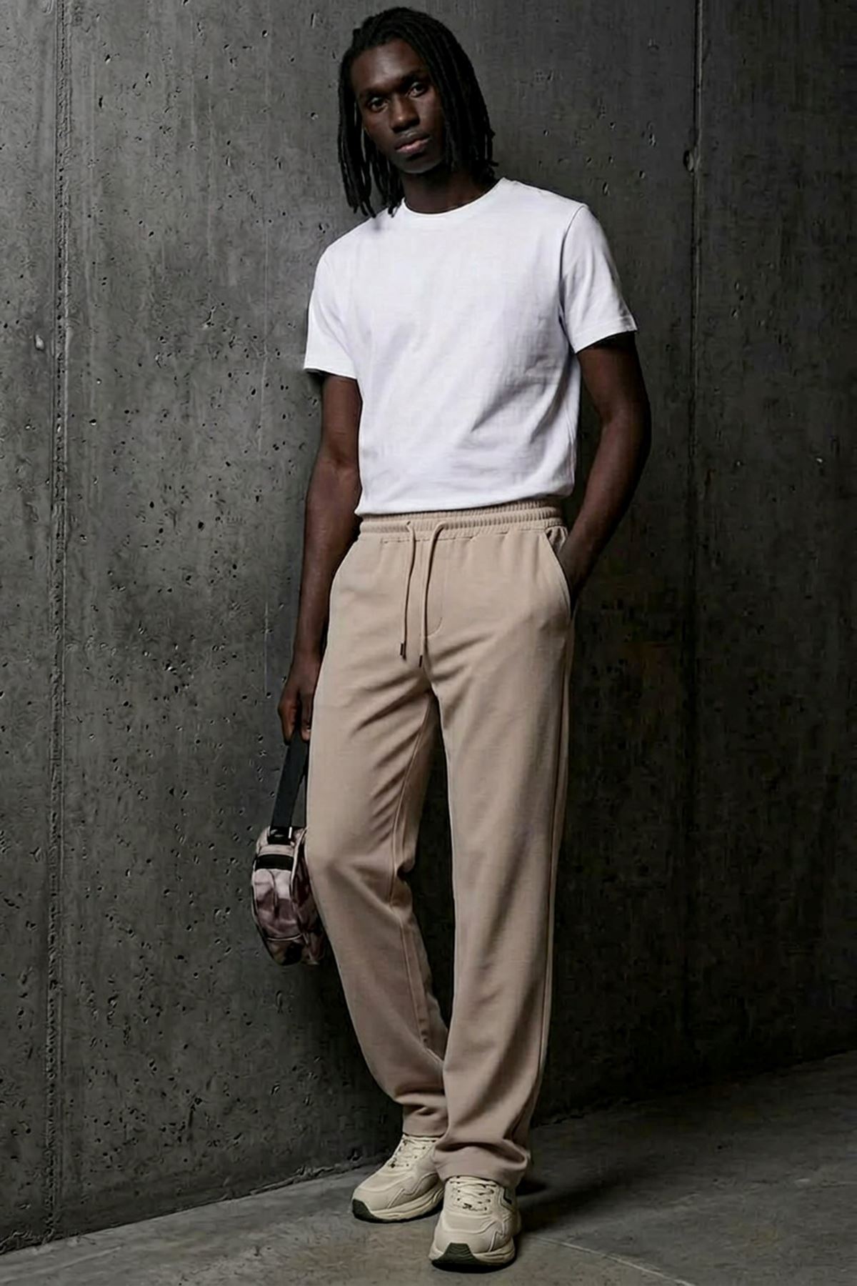 Erkek Relaxed Krem Baggy Pantolon