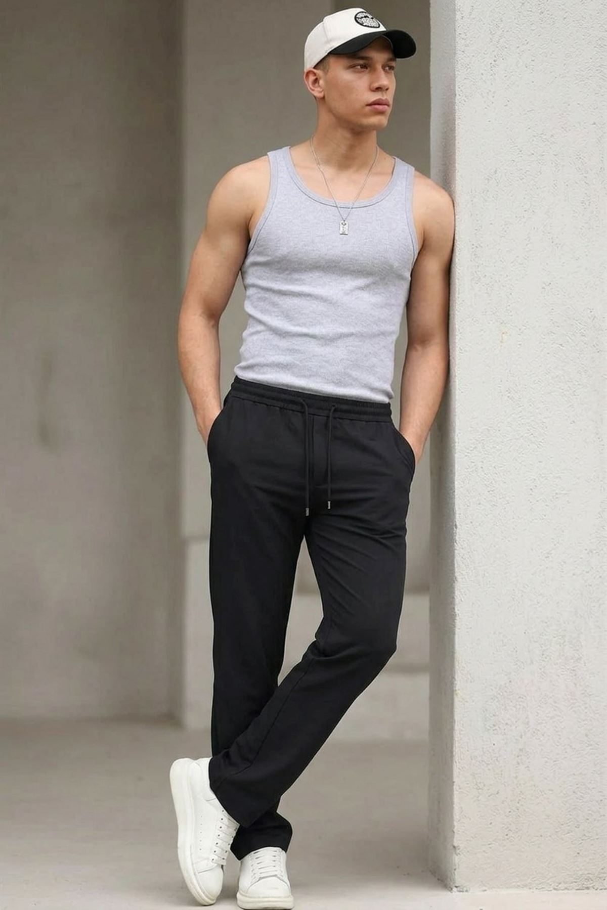 Erkek Esnek Casual Siyah Baggy Pantolon