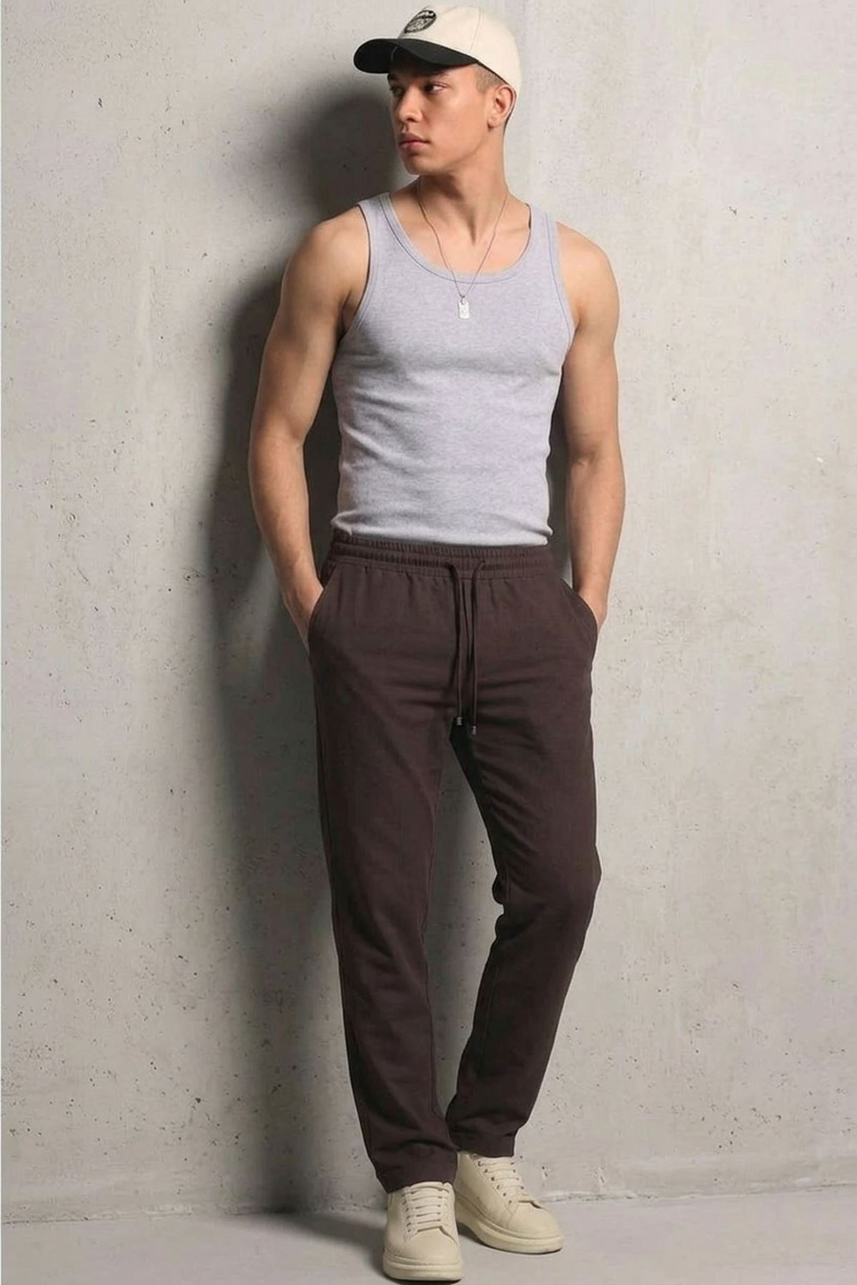 Erkek Esnek Casual Kahve Baggy Pantolon