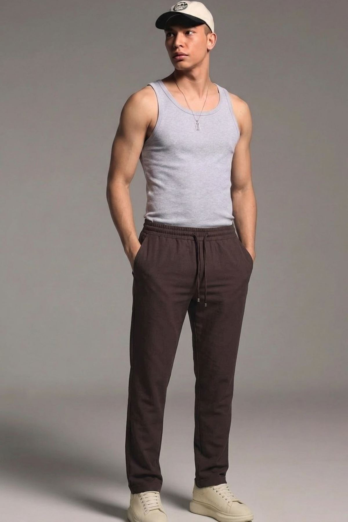 Erkek Esnek Casual Kahve Baggy Pantolon