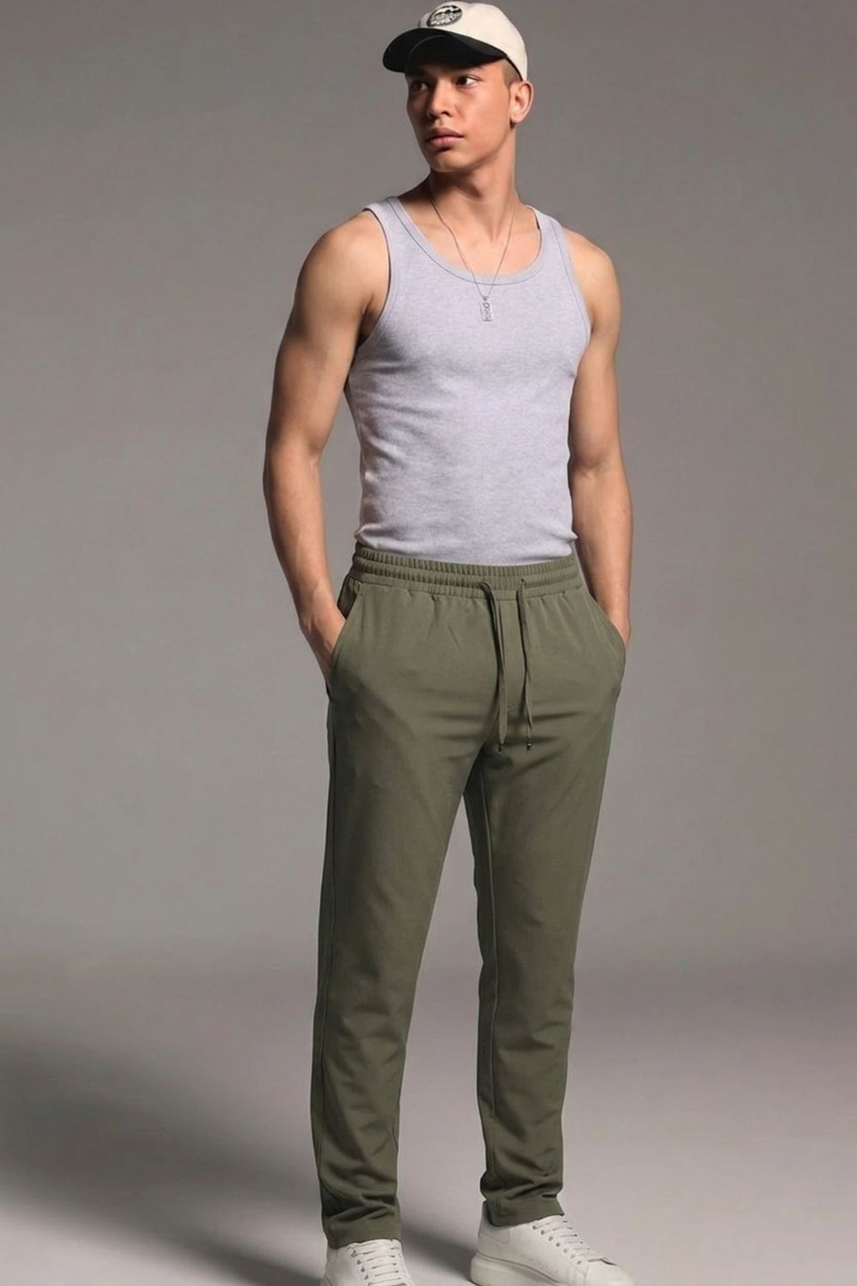 Erkek Esnek Casual Haki Baggy Pantolon