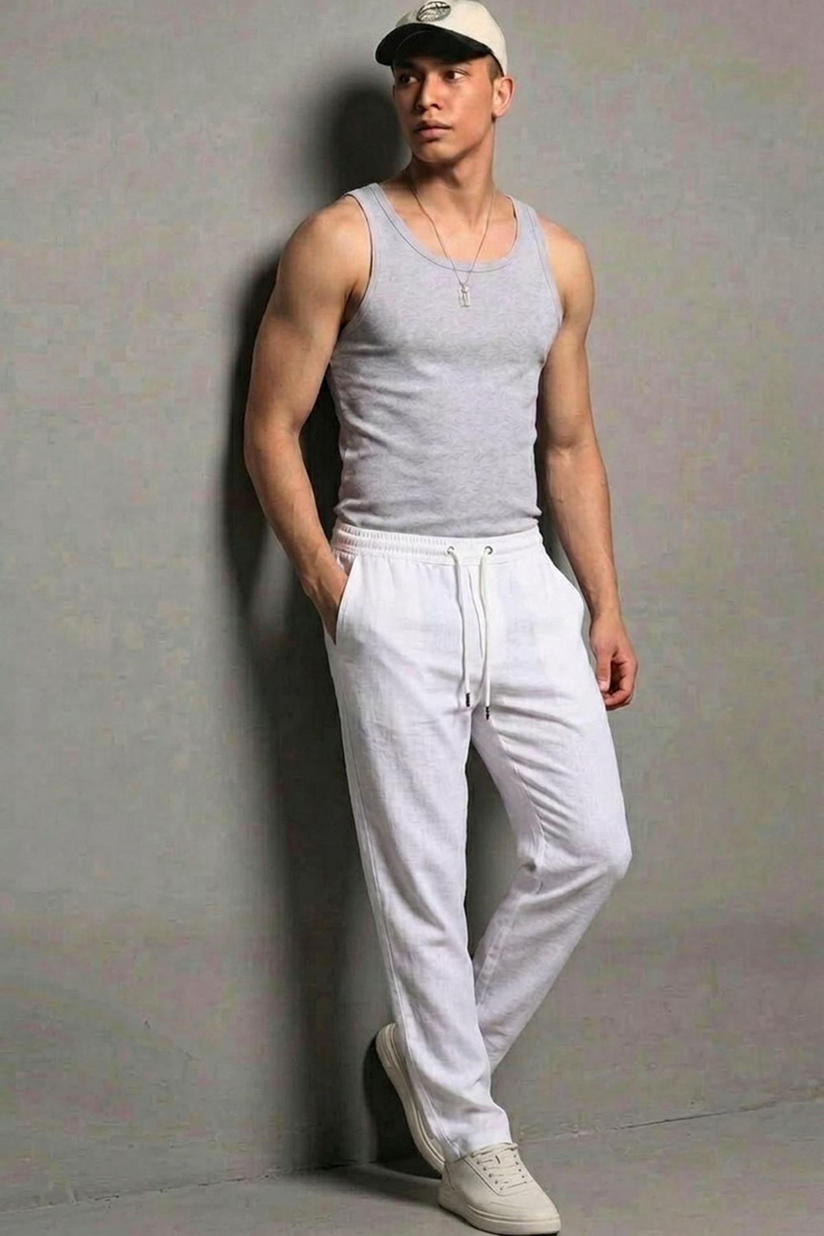 Erkek Esnek Casual Beyaz Baggy Pantolon