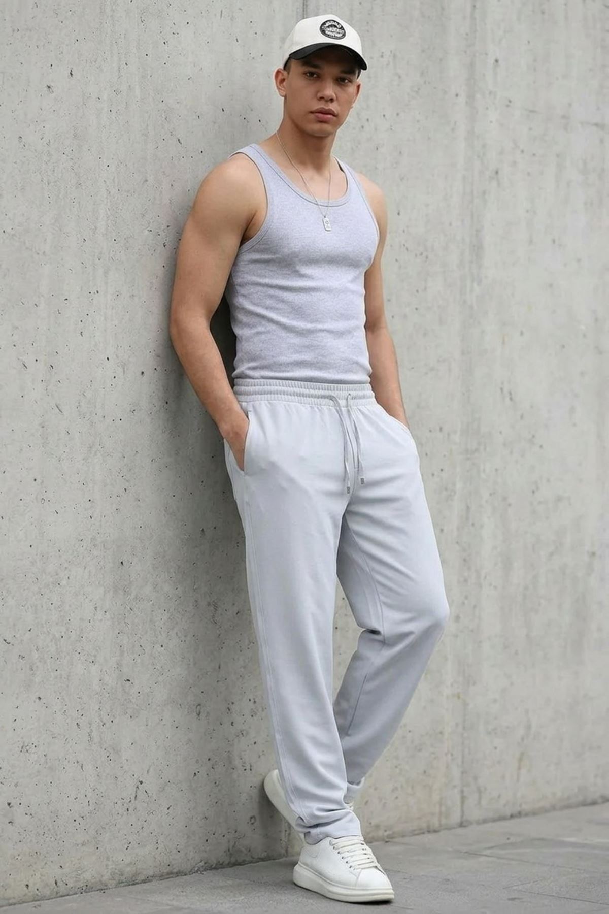 Erkek Esnek Casual Açık Gri Baggy Pantolon