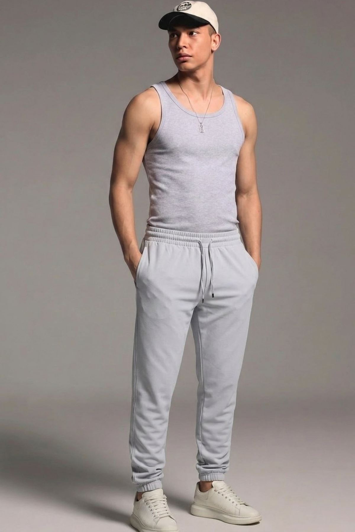 Erkek Esnek Casual Açık Gri Baggy Pantolon