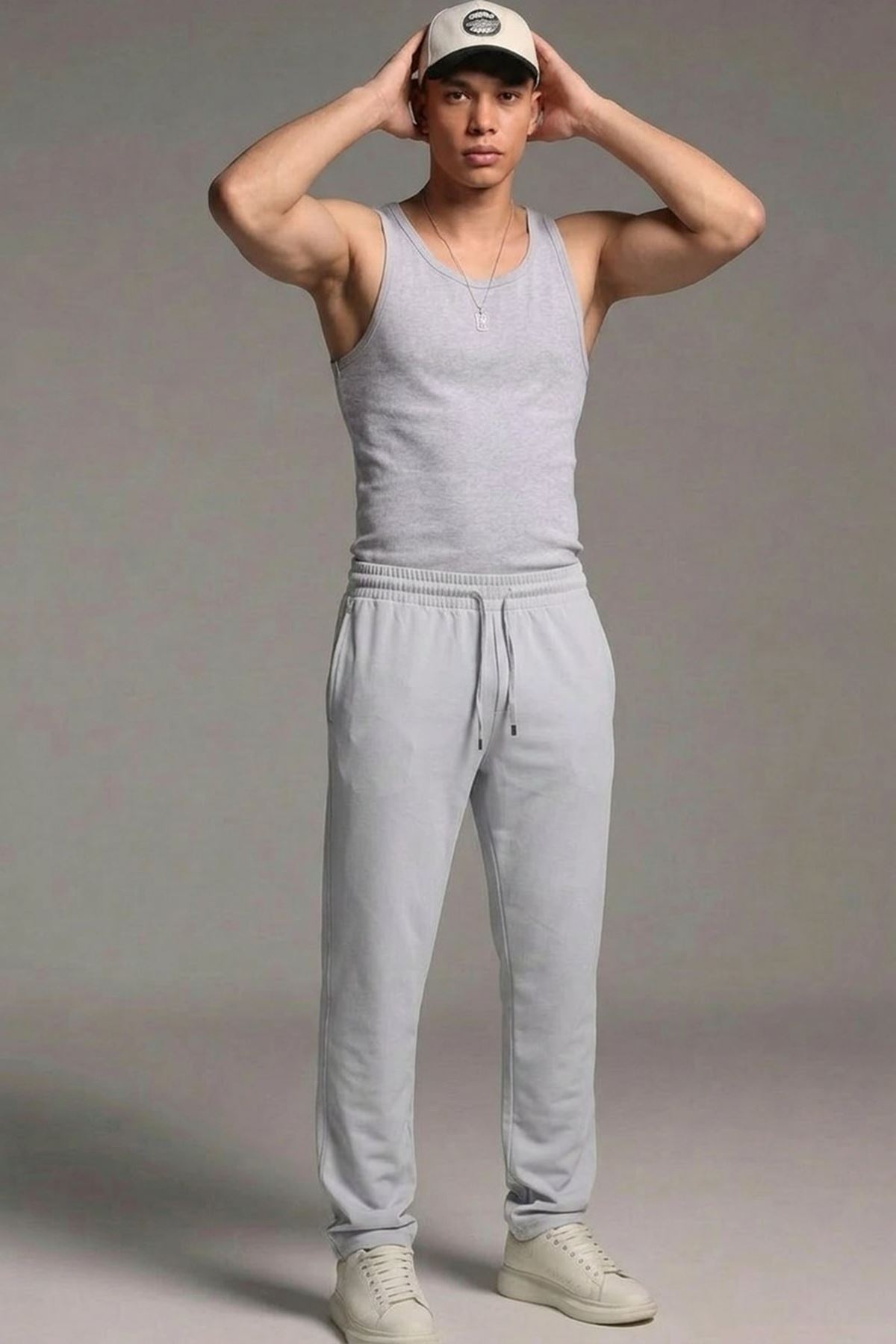 Erkek Esnek Casual Açık Gri Baggy Pantolon