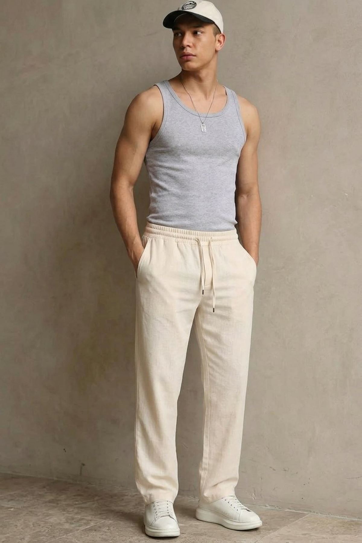 Erkek Esnek Casual Krem Baggy Pantolon
