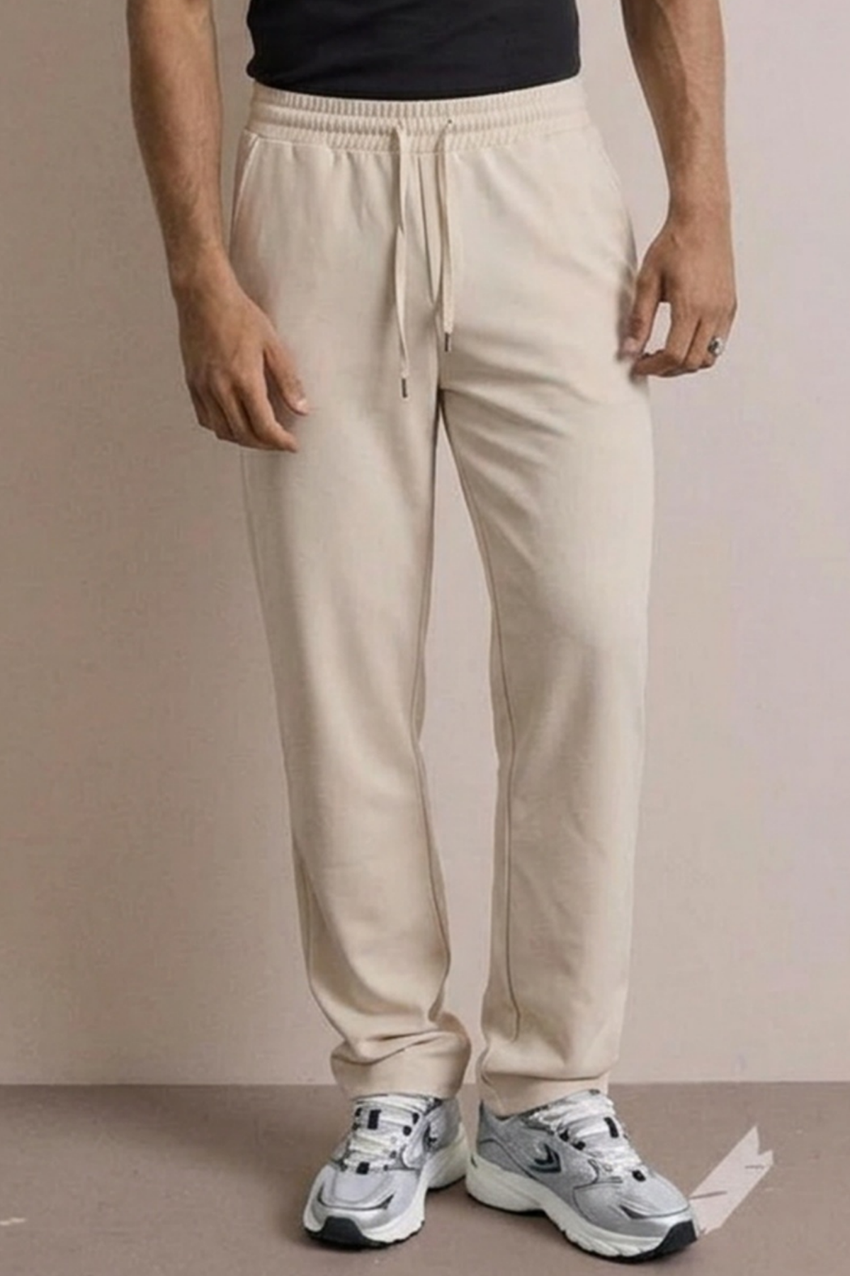 Erkek Beli Lastikli Rahat Krem Bol Pantolon