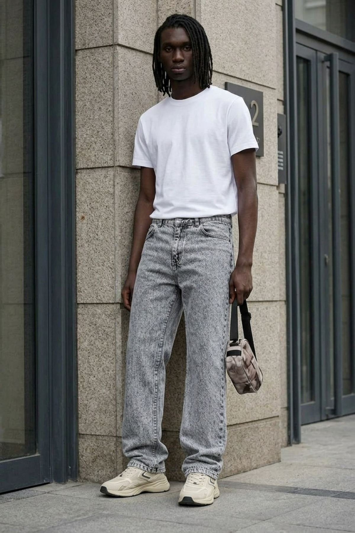 Erkek Pamuklu Casual Açık Gri Bol Kot Pantolon