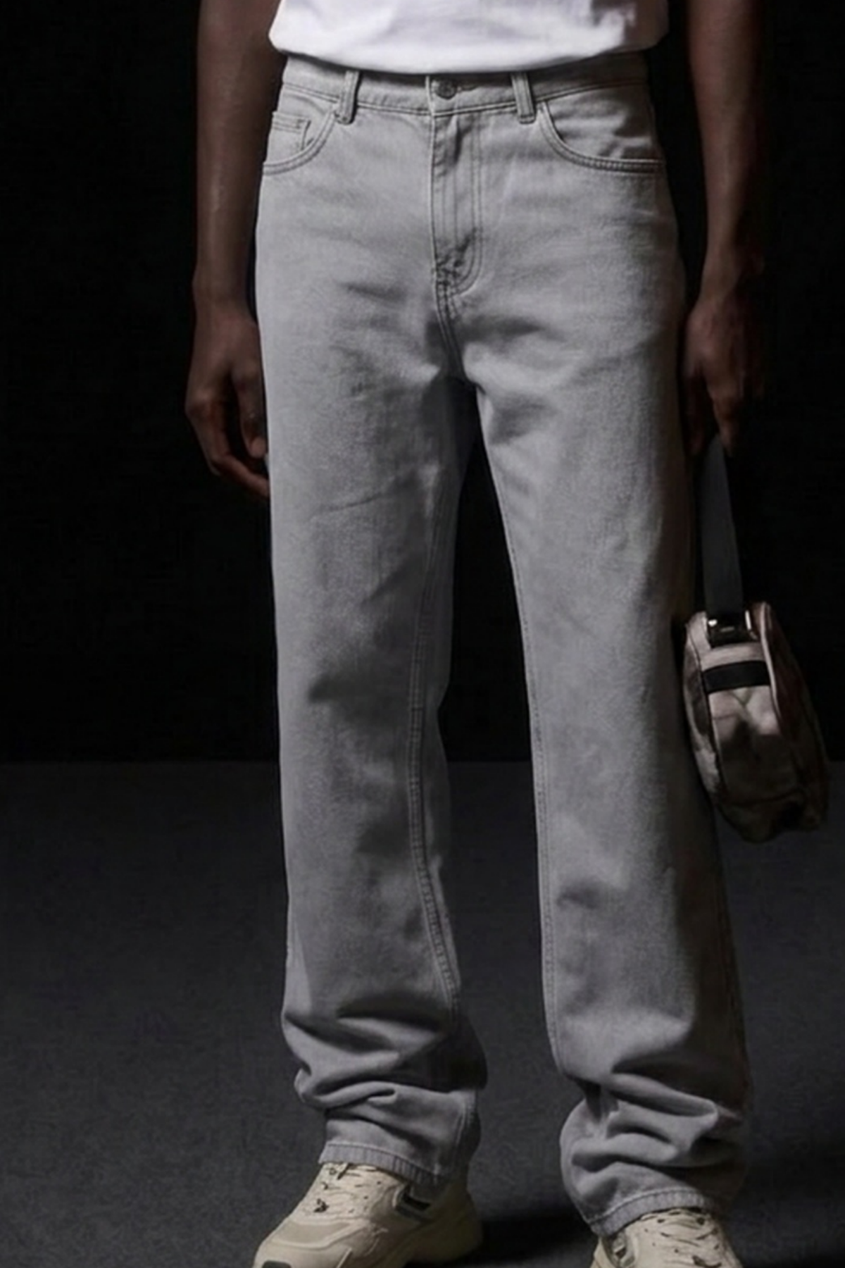 Erkek Pamuklu Casual Gri Bol Kot Pantolon